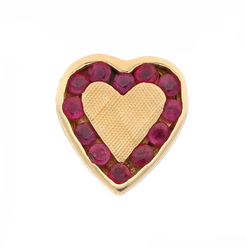 Brand: Richard Glatter
Era: Vintage

Metal Content: 14k Yellow Gold

Stone Information

Natural Rubies
Treatment: Heating
Carat(s): .60ctw
Cut: Round
Color: Red

Total Carats: .60ctw

Style: Slide Charm
Theme: Halo Heart, Love
Features: Smoothly