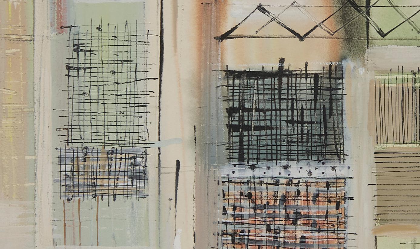 Abstrahierte Gebäude, Künstler der Cleveland-Schule Mitte des Jahrhunderts (Braun), Abstract Painting, von Richard Gosminski