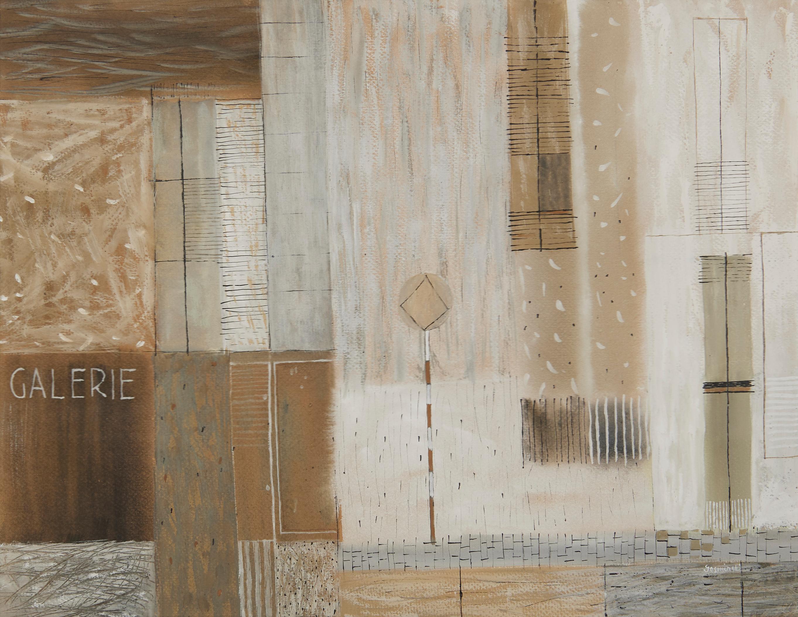 Richard Gosminski Figurative Painting – Galerie, Figurale abstrakte Ansicht eines Gebäudes, Künstler der Cleveland-Schule aus der Jahrhundertmitte