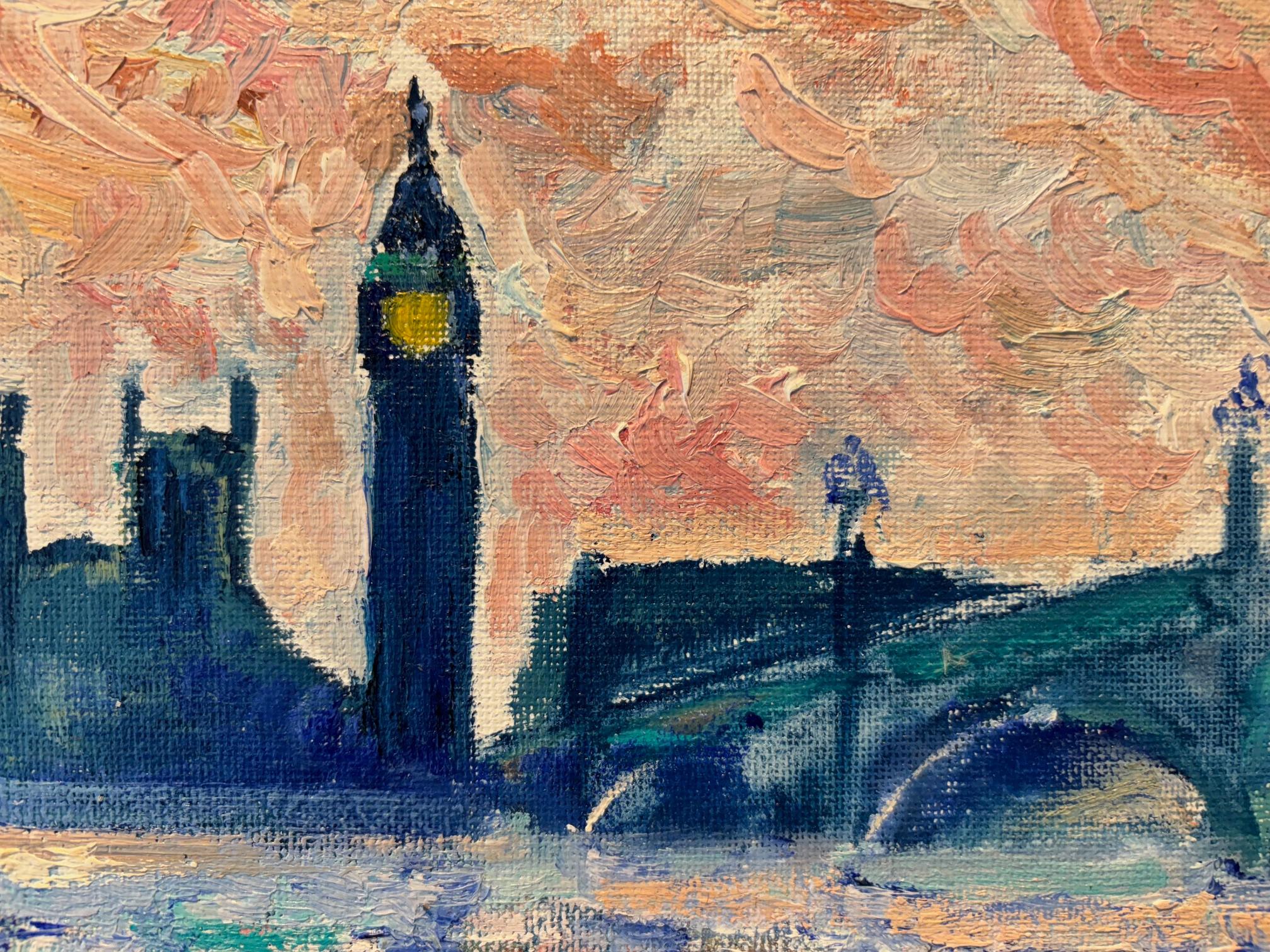 A View of Big Ben - original impressionism cityscape - contemporary Art - Beige Landscape Painting by Richard Gower