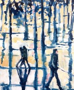 Una passeggiata nel parco - impressionismo originale, paesaggio figurativo, pittura ad olio - arte