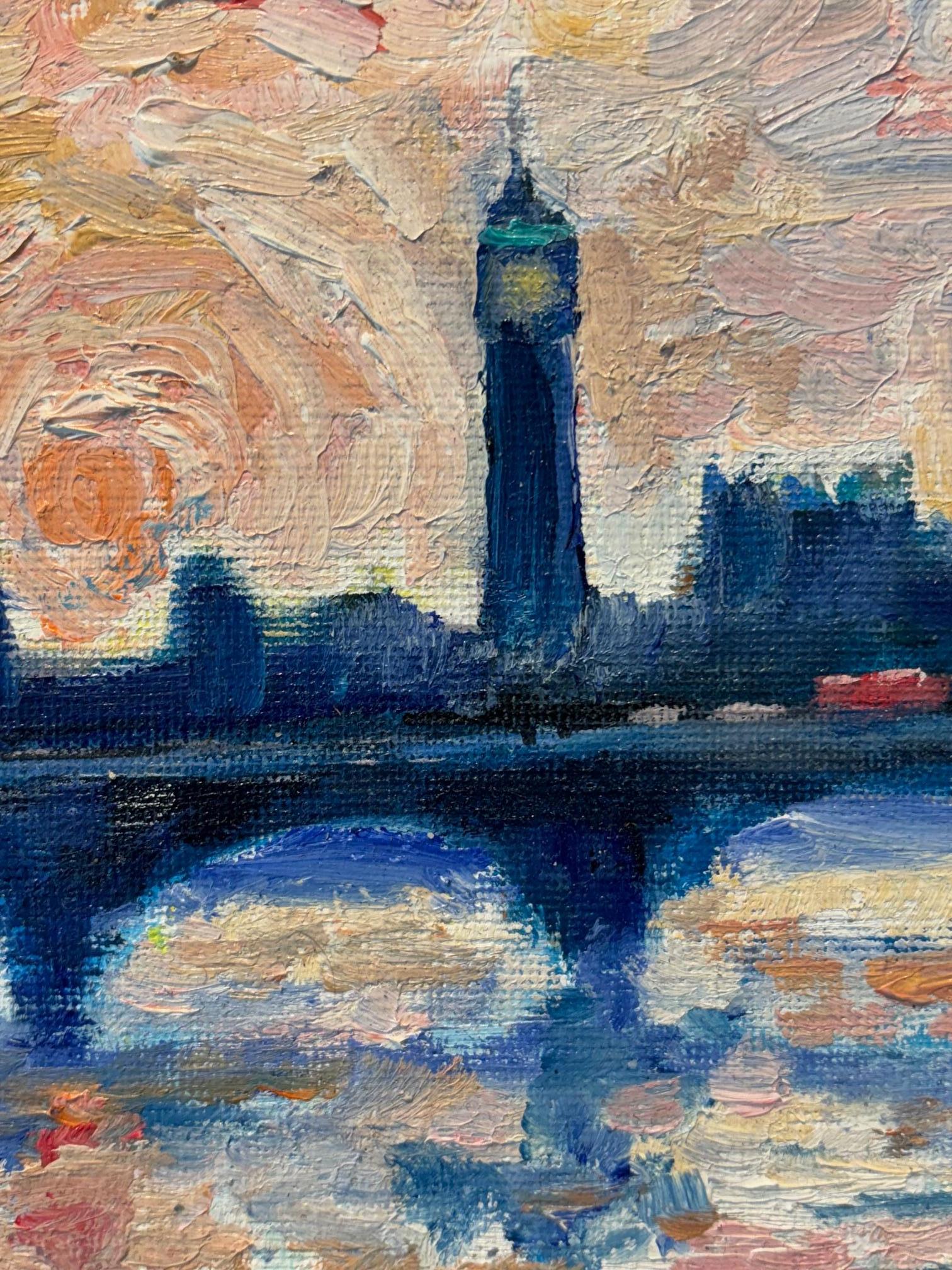 Big Ben desde Southbank - paisaje urbano impresionismo original - Arte contemporáneo - Landscape Painting Gris de Richard Gower