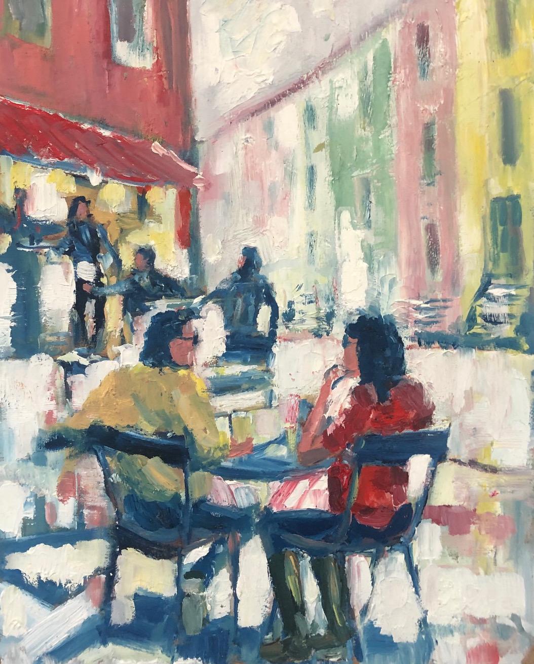 Richard Gower Figurative Painting - Cafe Society - contemporary cityscape Art Original figurative cityscape painting
