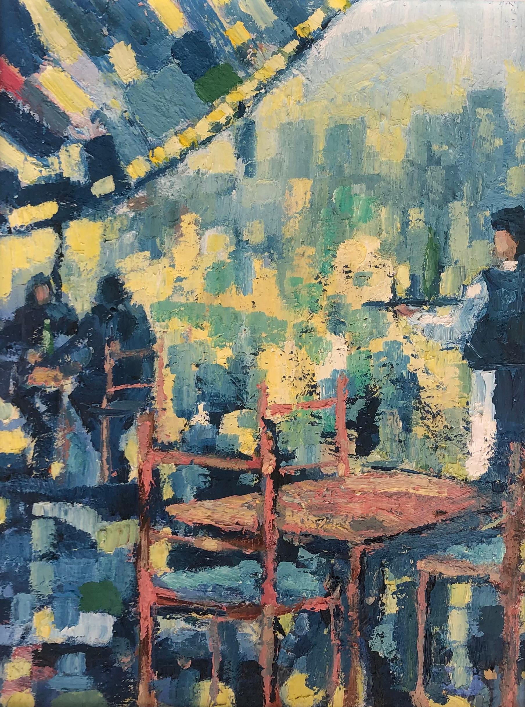 Richard Gower Landscape Painting – Cafe Society-originale impressionistische figurative Stadtbildmalerei-zeitgenössisch