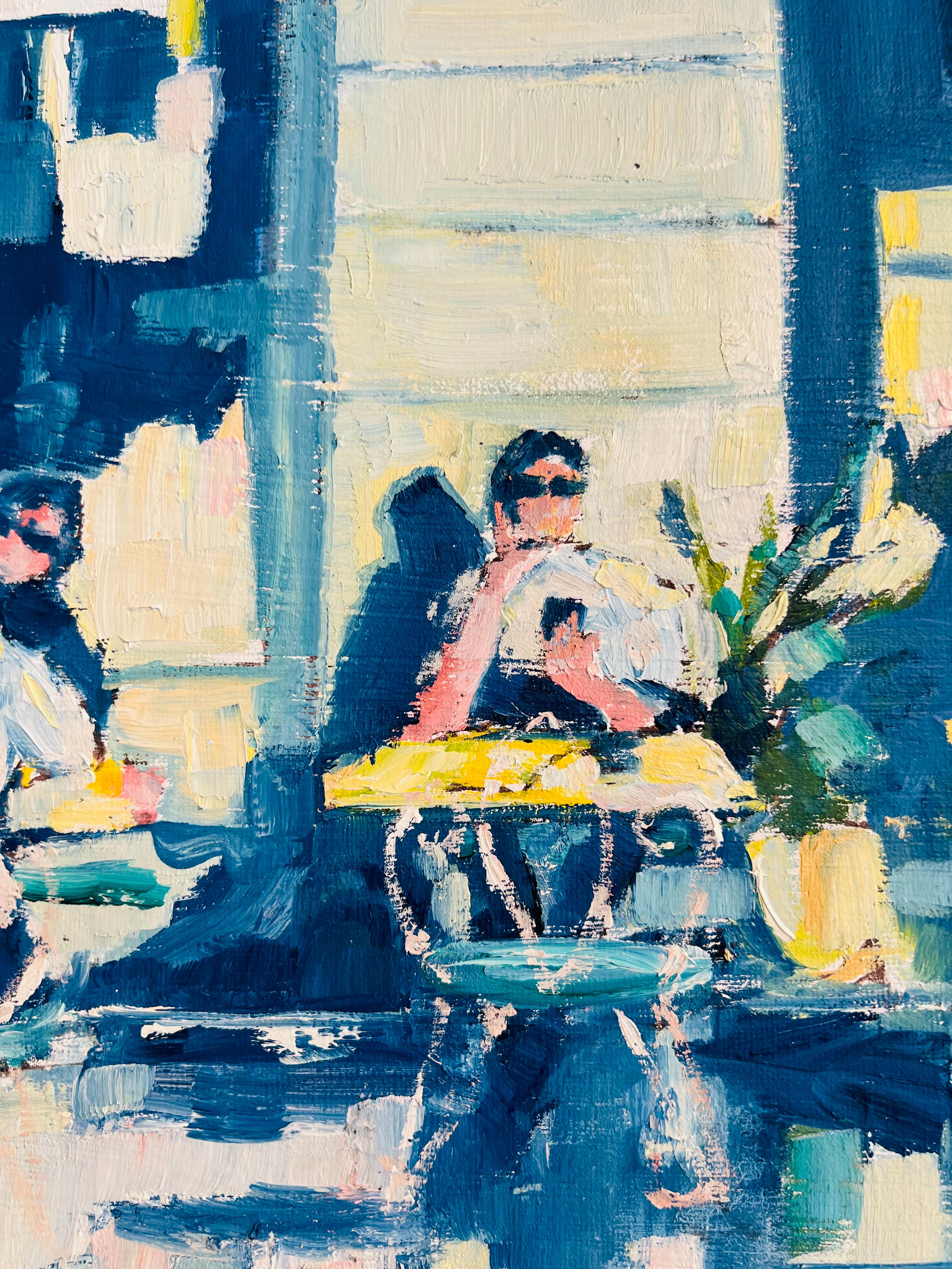 Chelsea Cafe-Pittura ad olio originale impressionista figurativa di paesaggio urbano-Arte - Landscape Painting Blu di Richard Gower