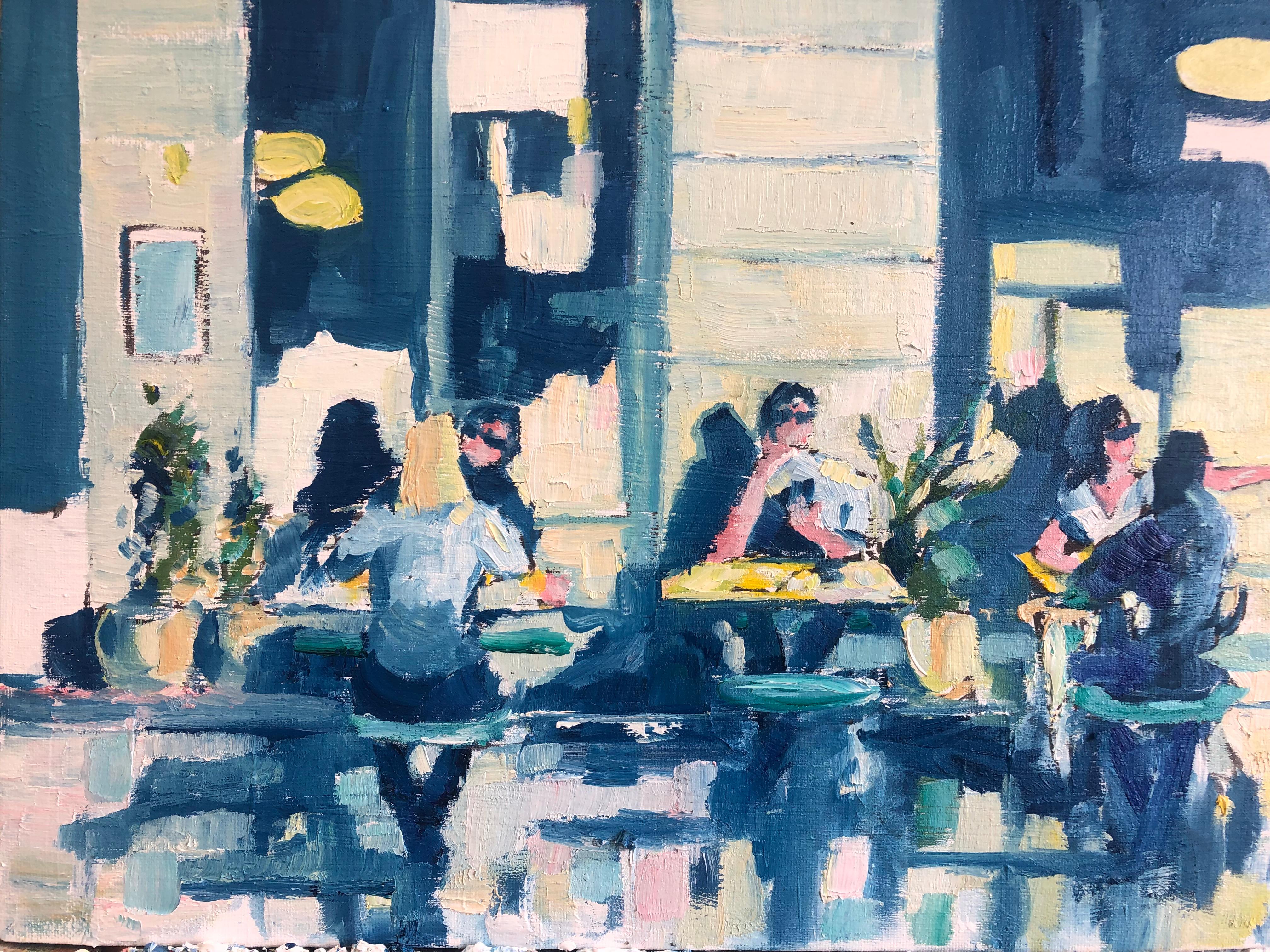 Landscape Painting di Richard Gower - Chelsea Cafe-Pittura ad olio originale impressionista figurativa di paesaggio urbano-Arte