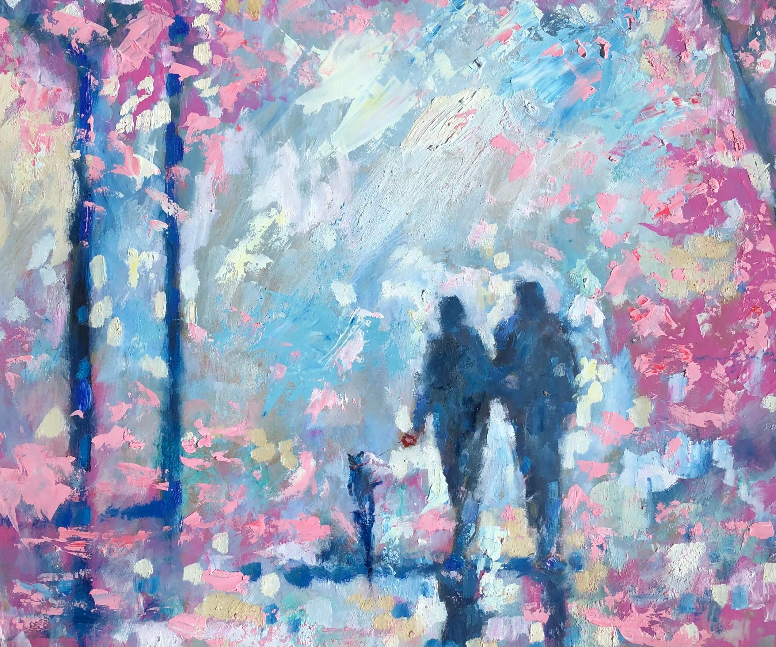 Cherry Blossom Park – Original-Impressionismus, figuratives Landschaftsgemälde in Öl, Kunst