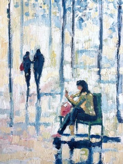 Contemplative Park Retreat - impressionnisme original - peinture à l'huile figurative - Art