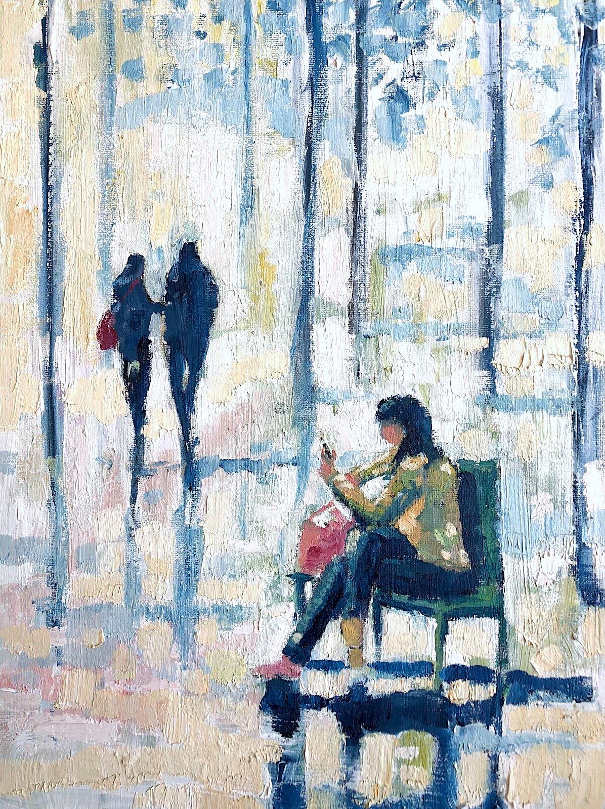 Figurative Painting de Richard Gower - Retiro contemplativo en el parque-pintura al óleo figurativa impresionista original- Arte