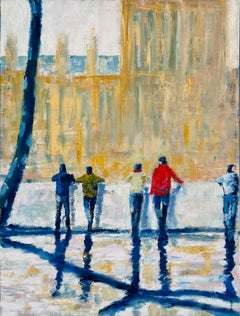 Embankment - peinture à l'huile figurative impressionniste originale - œuvre d'art paysage urbain
