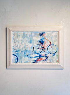 Girl on the Red Bike - original impressionism figurative oil painting - artwork