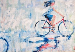 Girl on the Red Bike - original impressionism figurative oil painting - artwork