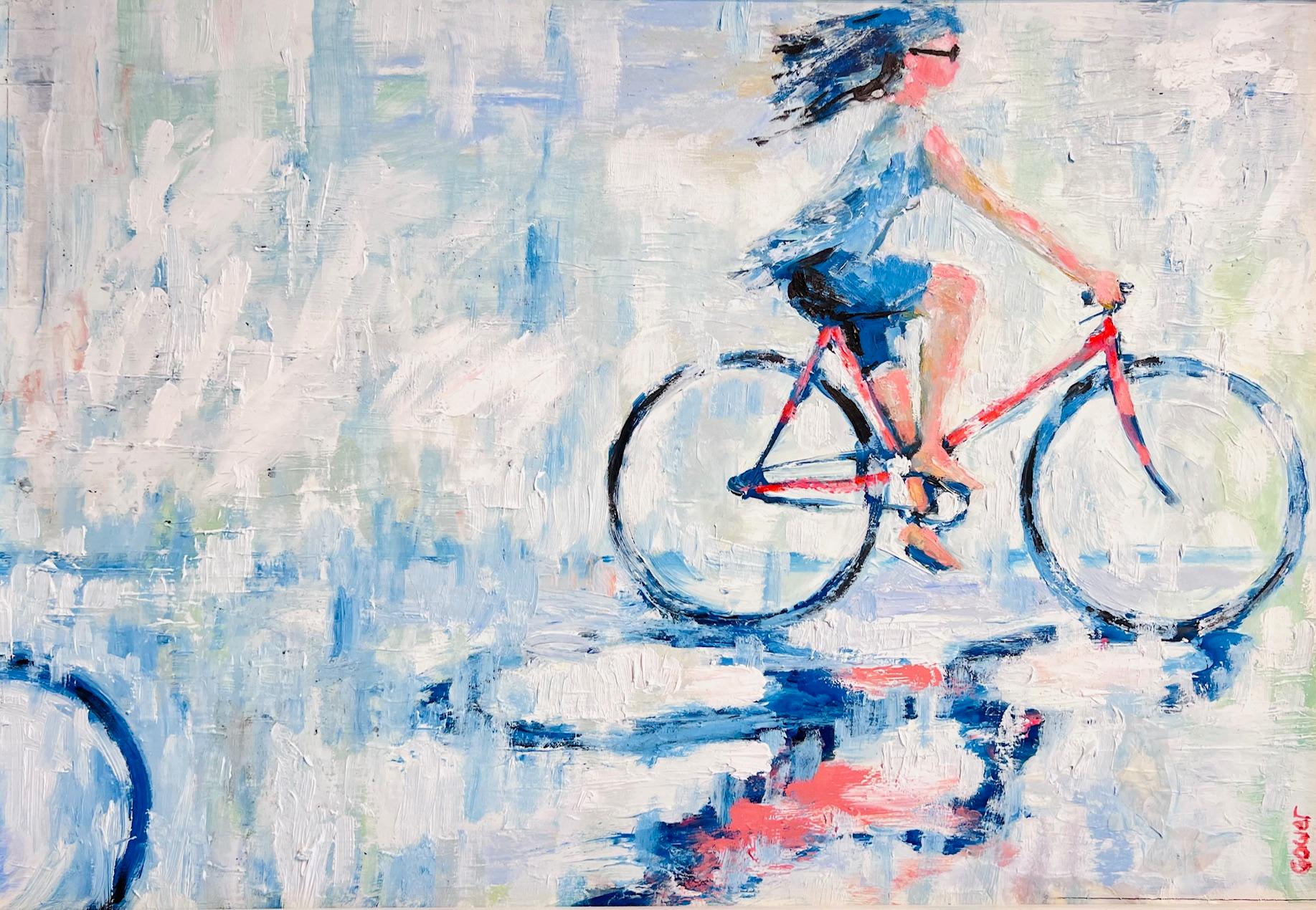 Fille au vélo rouge - peinture à l'huile figurative impressionniste originale - œuvre d'art