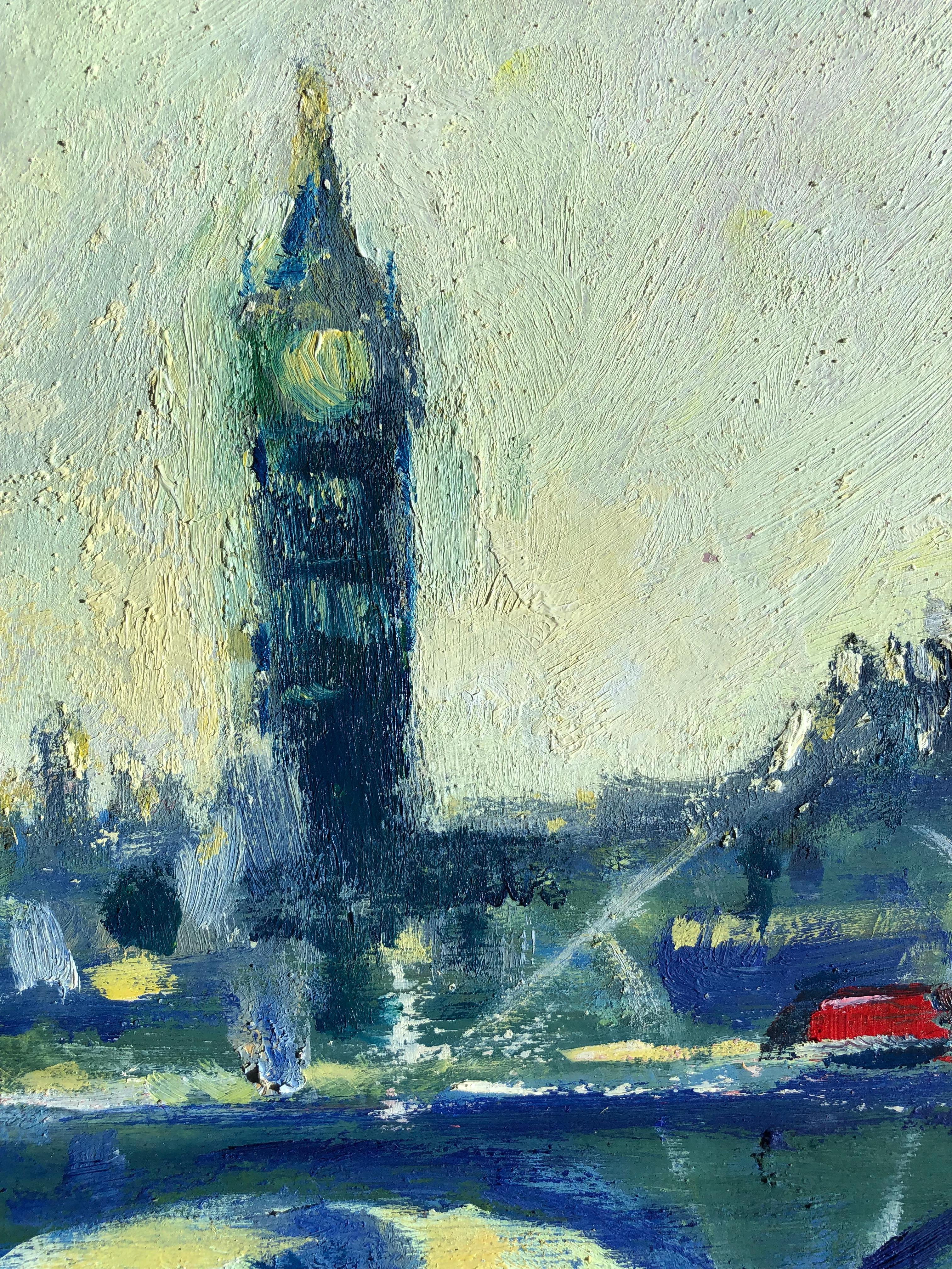 Golden Light Over Westminister, peinture à l'huile impressionniste originale de paysage urbain - Painting de Richard Gower