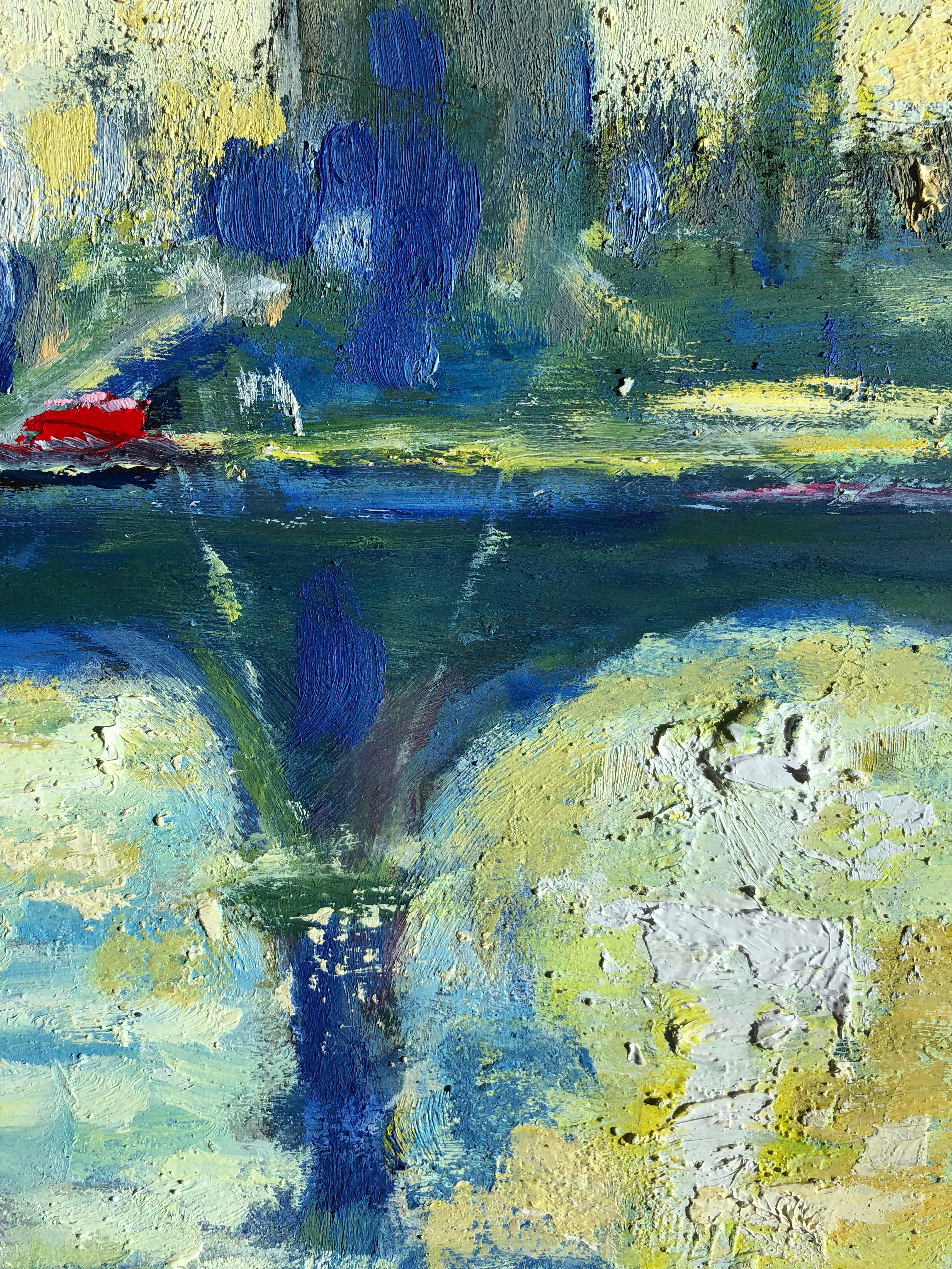 Luce dorata su Westminister - pittura ad olio originale impressionista di un paesaggio urbano - Figurative Painting Verde di Richard Gower