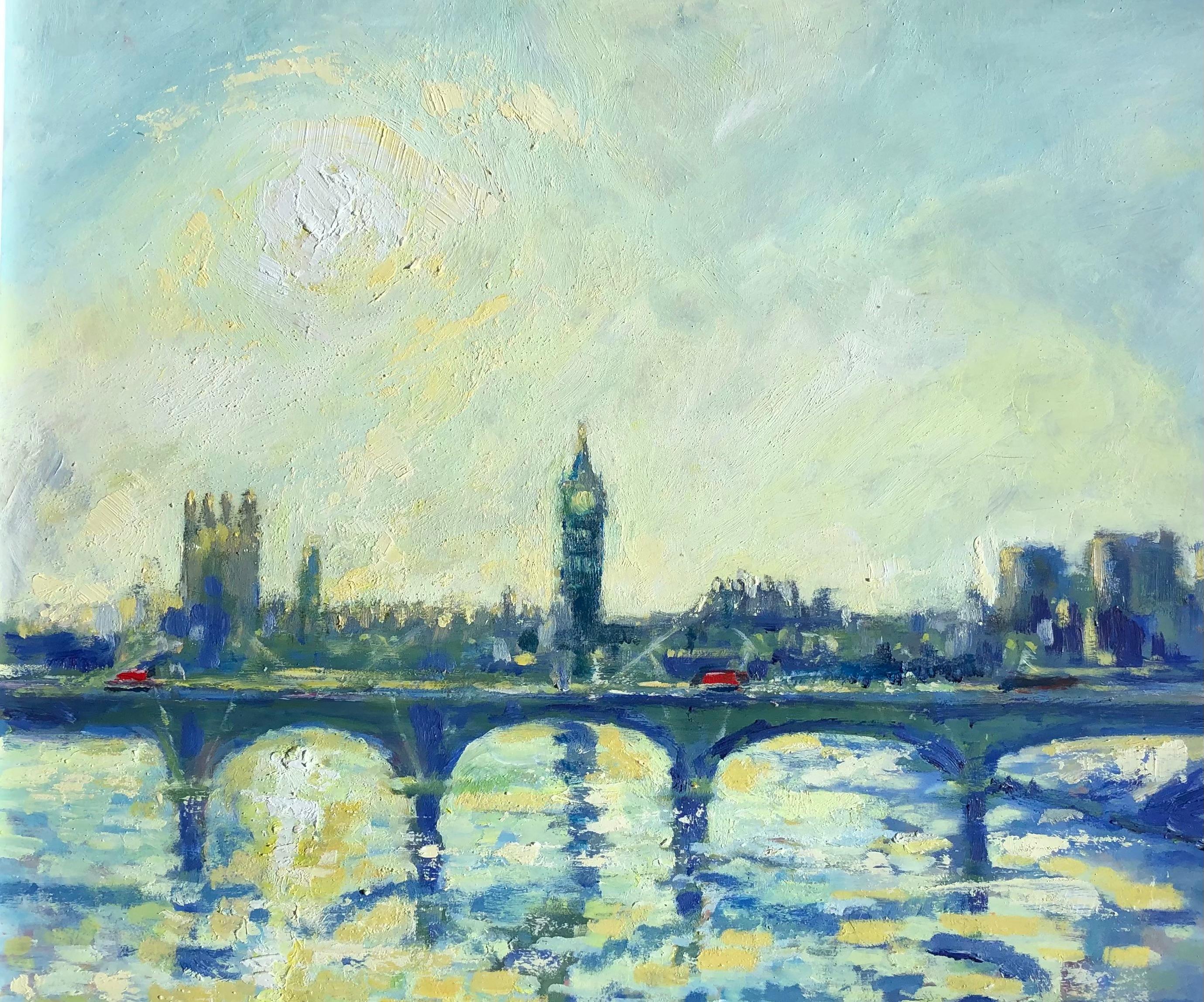 Richard Gower Landscape Painting - Golden Light Over Westminister- original impressionism cityscape oil painting