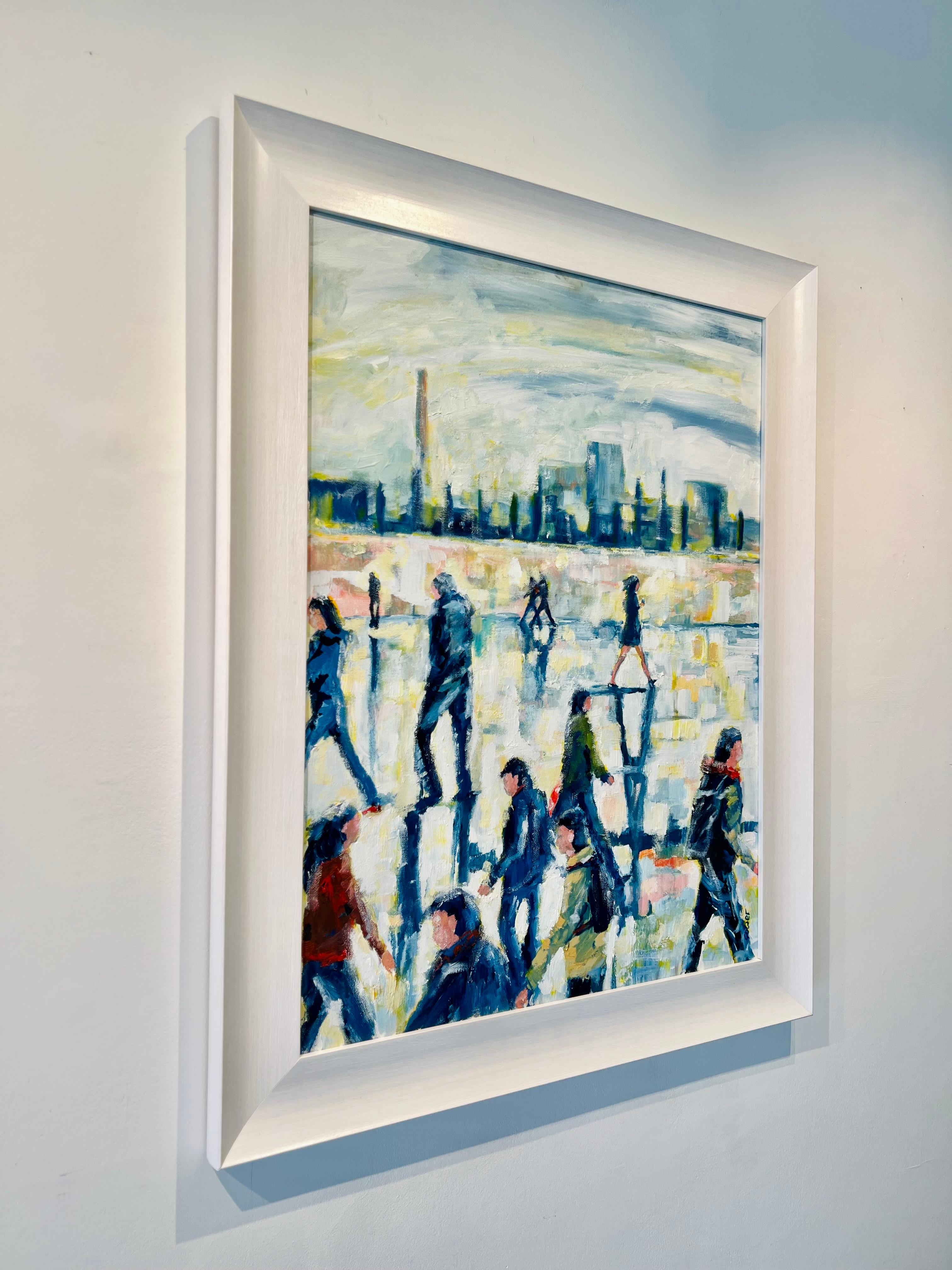 Londoner Commute-original Impressionismus figuratives Cityscape Ölgemälde- ART (Grau), Figurative Painting, von Richard Gower