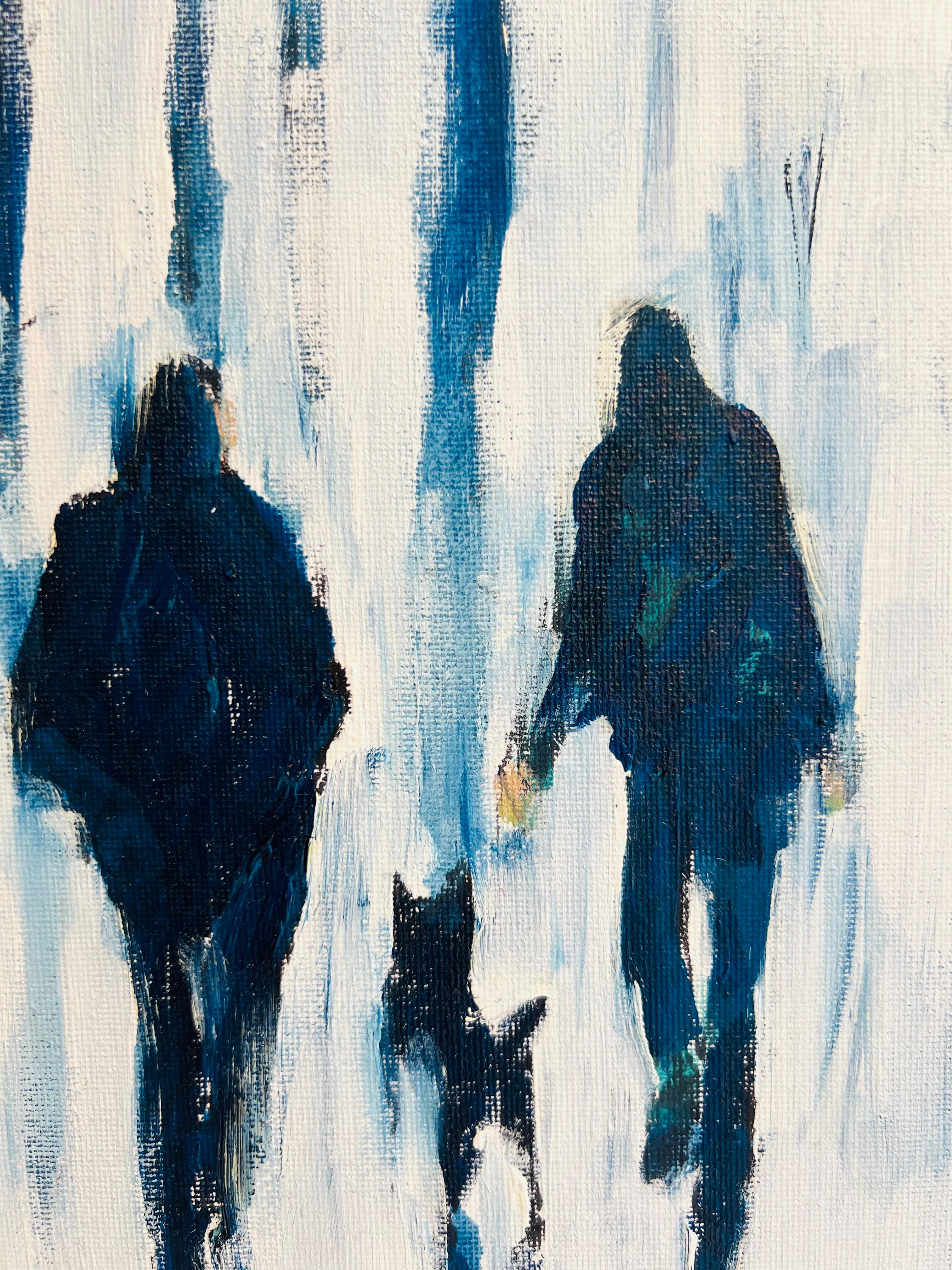 Park Life, The Dog Walkers II- Original Impressionism figurative oil painting - Purple Figurative Painting by Richard Gower