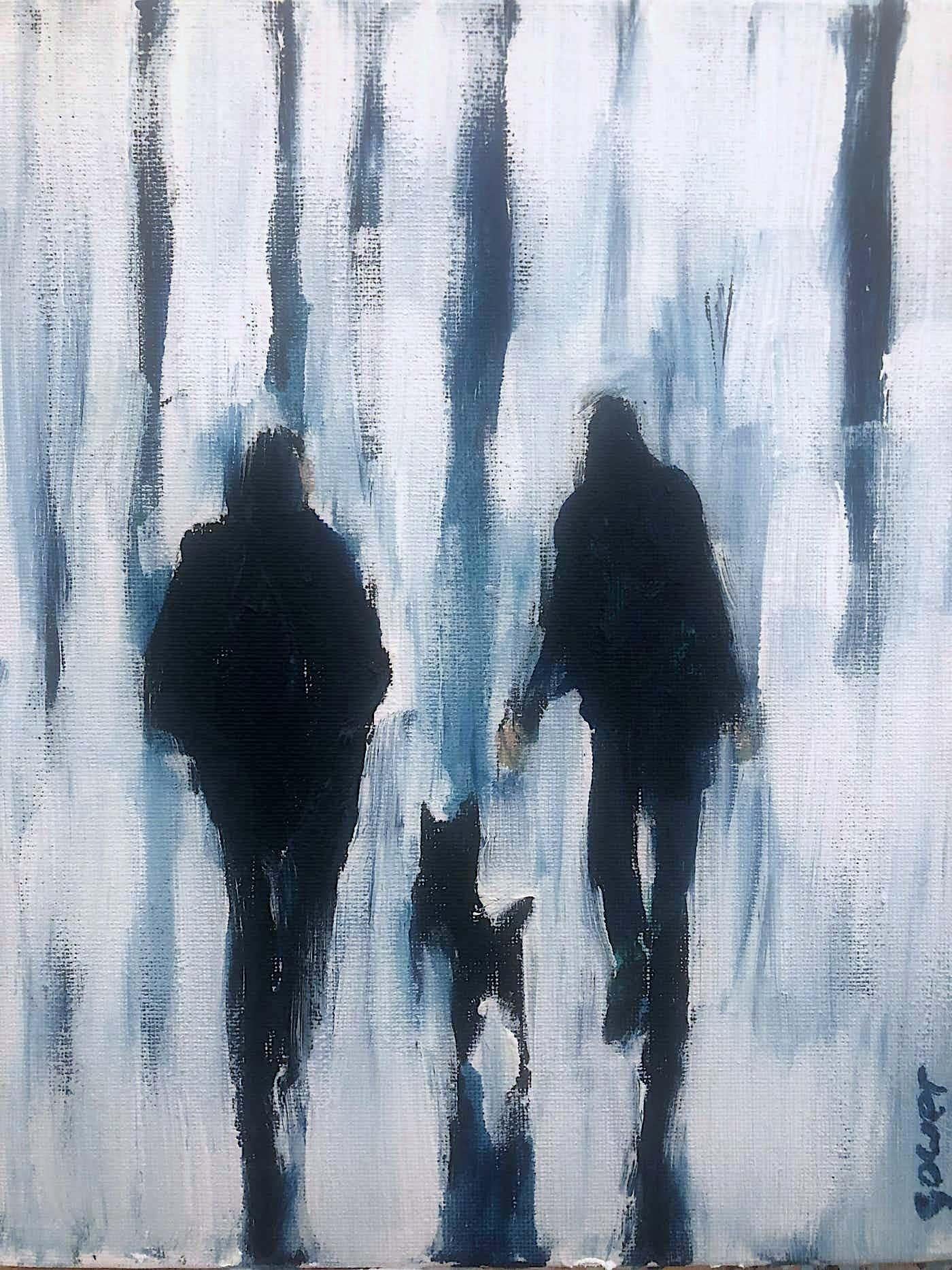 Richard Gower Figurative Painting - Park Life, The Dog Walkers II- Original Impressionism figurative oil painting