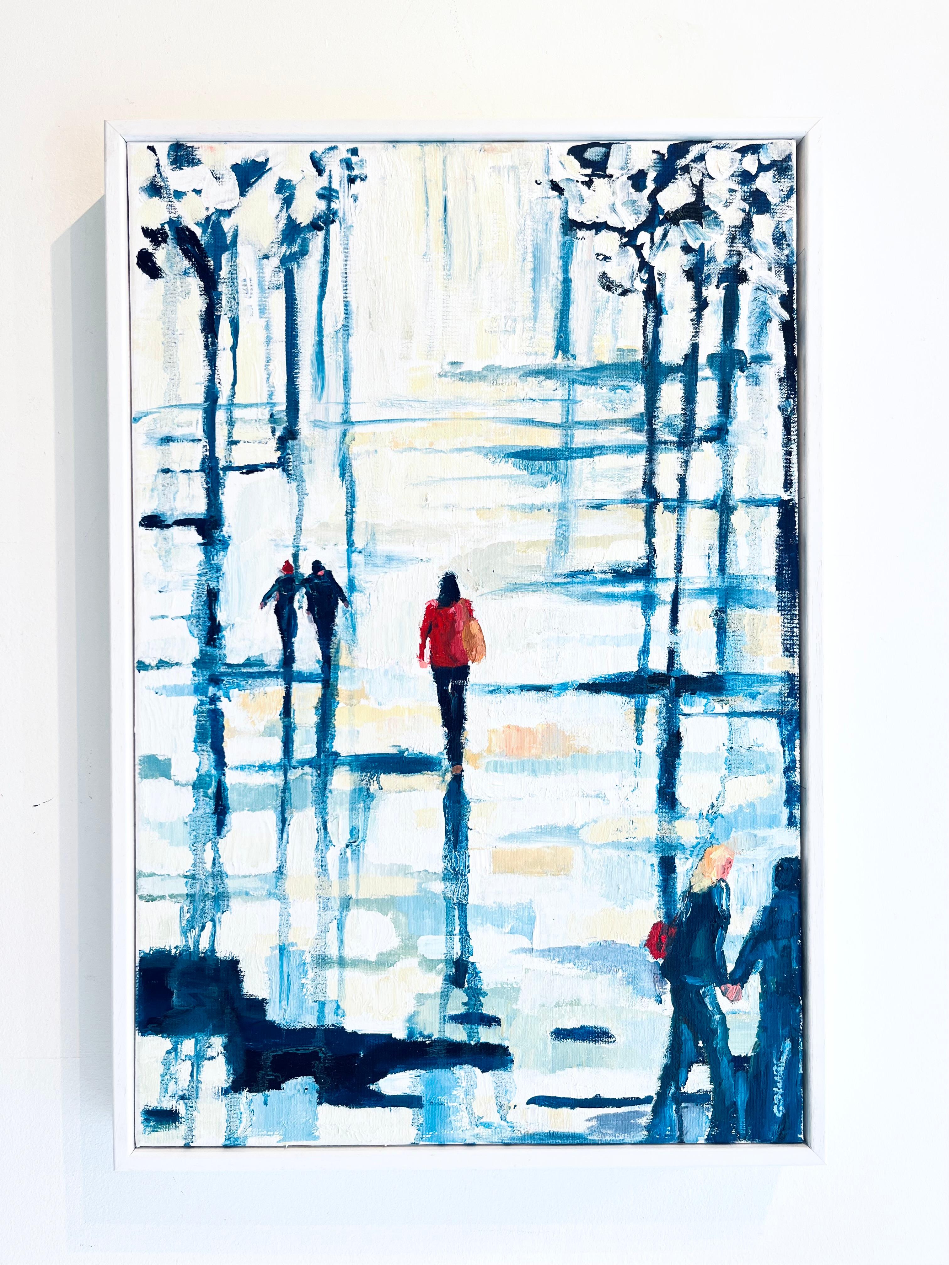 Red Wooly Hat-Original impression figurative cityscape painting contemporary Art - Painting by Richard Gower