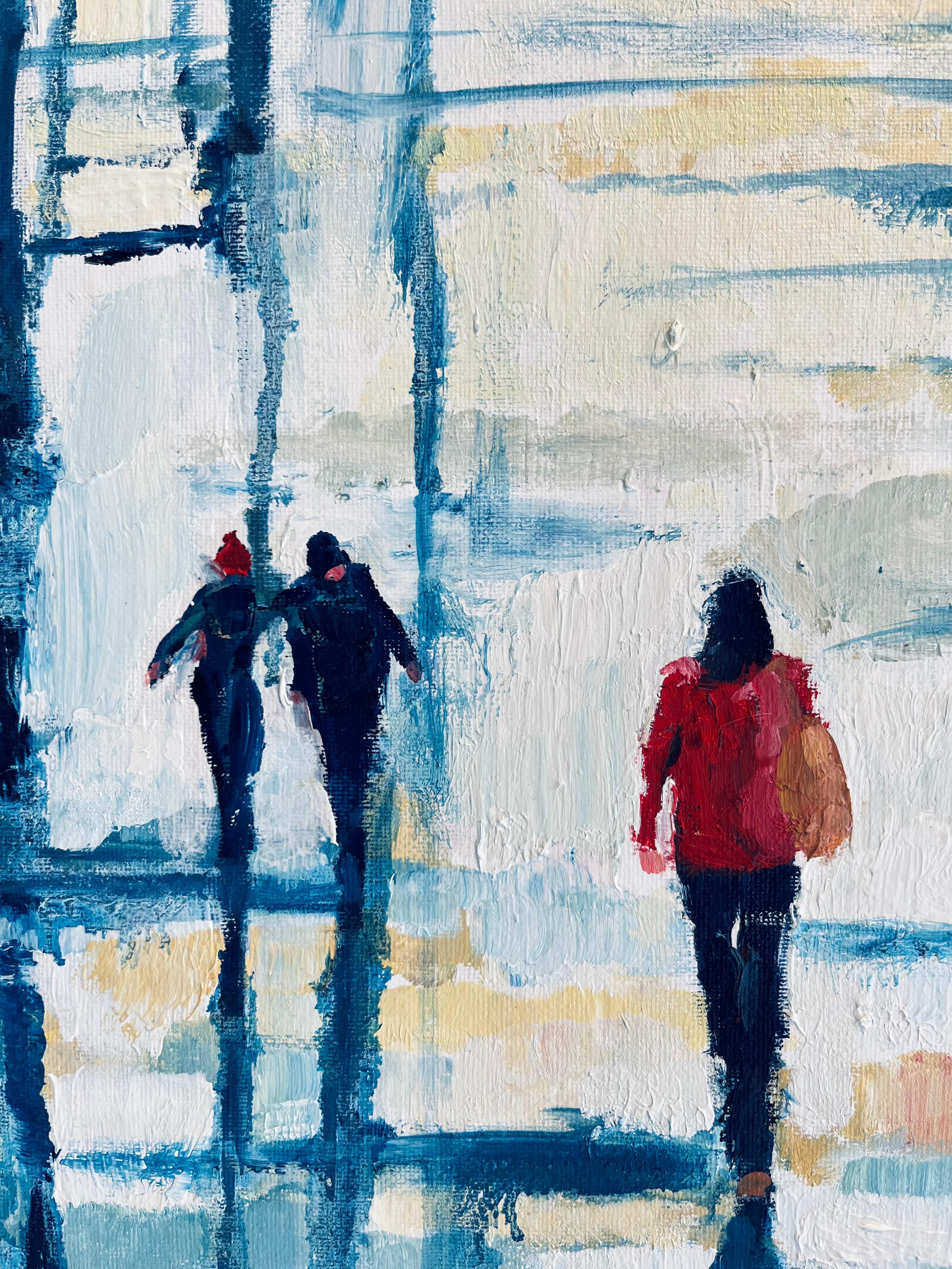 Red Wooly Hat-Original impression figurative cityscape painting contemporary Art - Gray Figurative Painting by Richard Gower