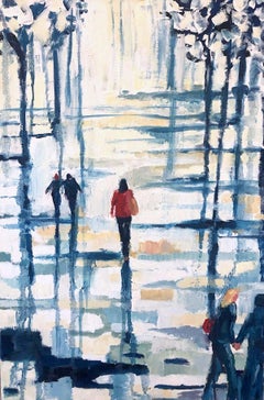 Red Wooly Hat-Original impression figurative cityscape painting contemporary Art