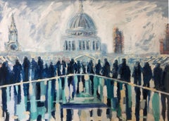 Rush Hour Reflection Millennium Bridge- impasto landscape oil paint work modern