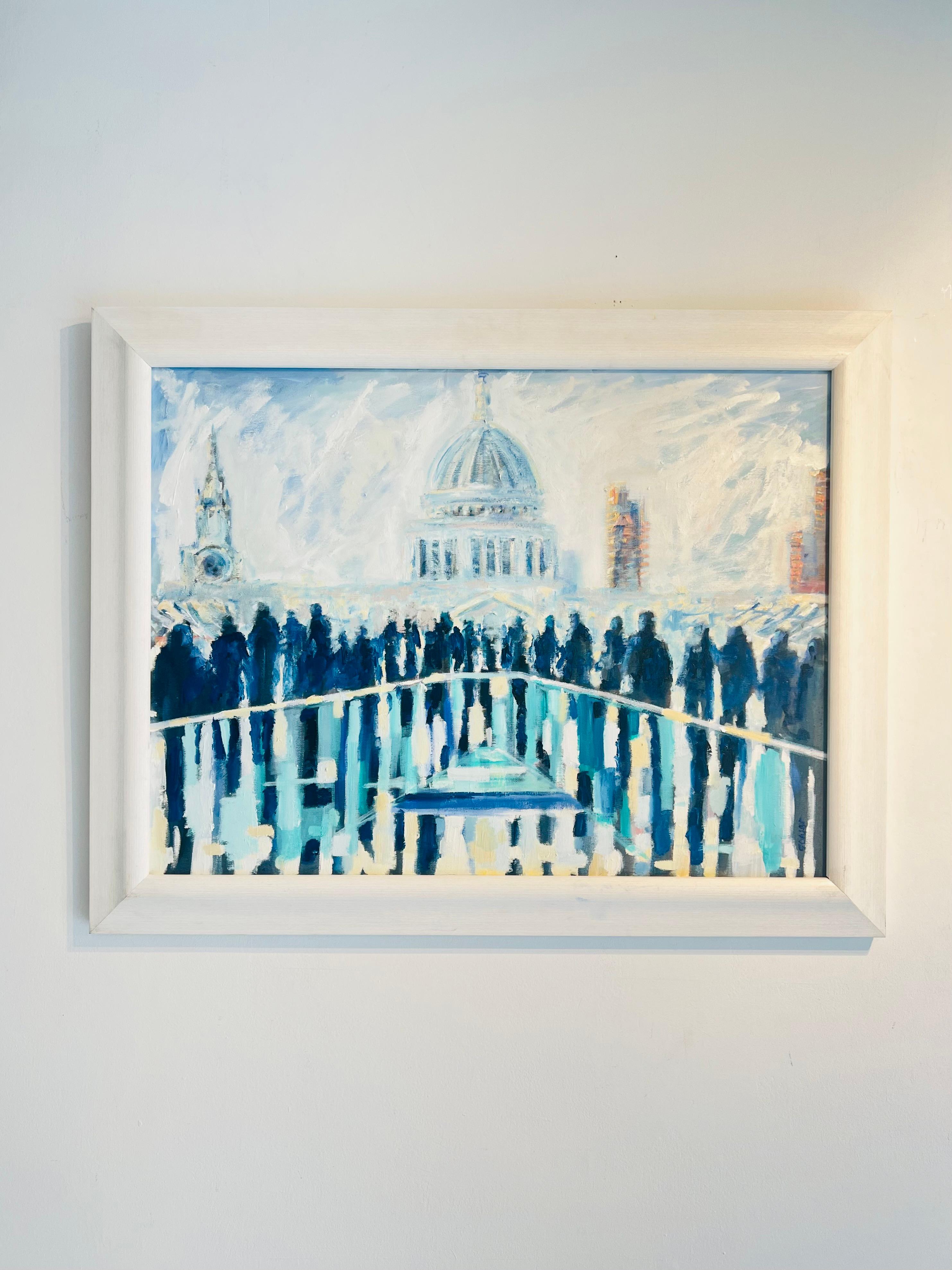 Rush Hour Reflection Millennium Bridge-original impressionism cityscape painting - Painting by Richard Gower