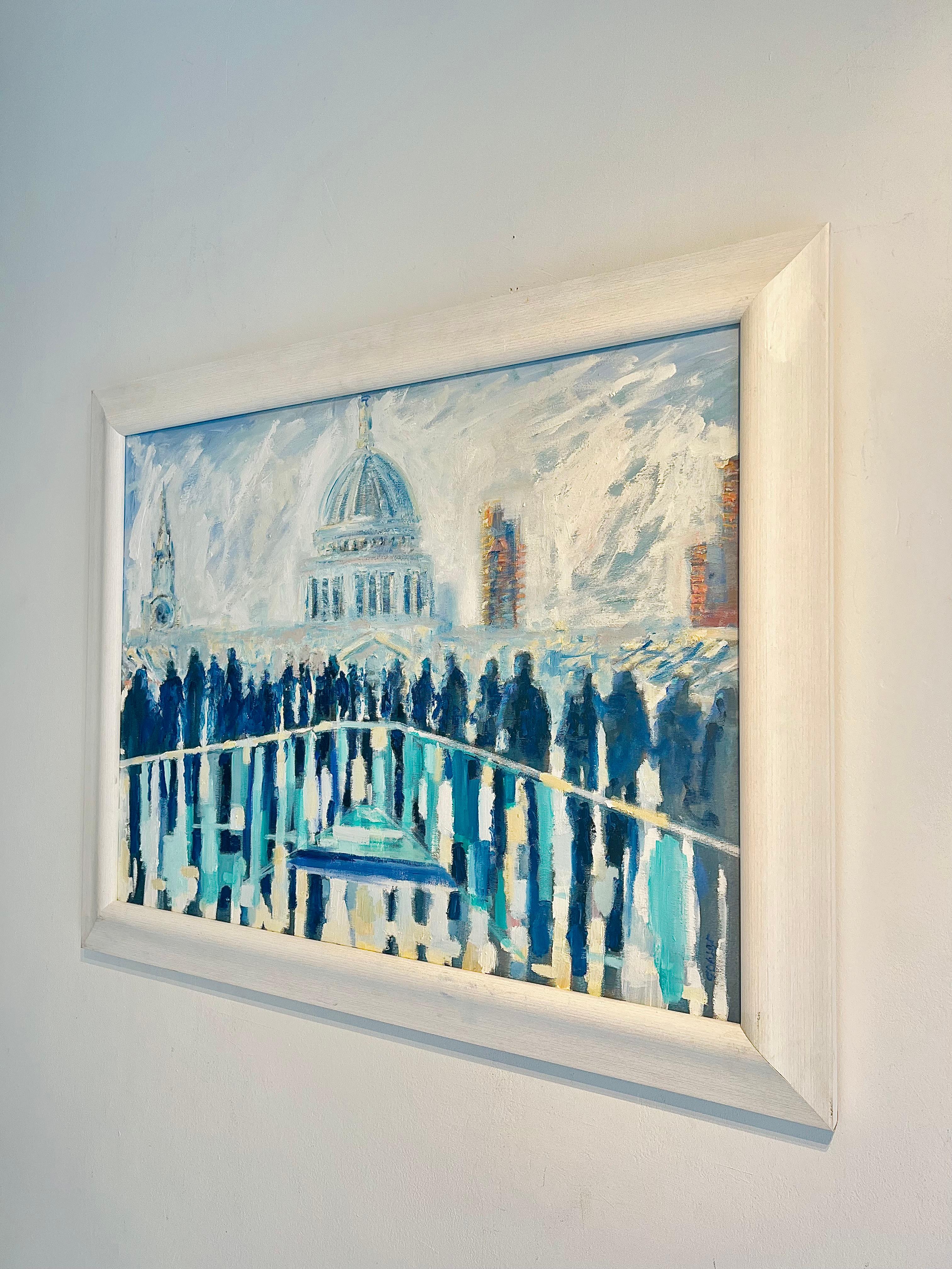 Rush Hour Reflection Millennium Bridge-original impressionism cityscape painting - Impressionist Painting by Richard Gower