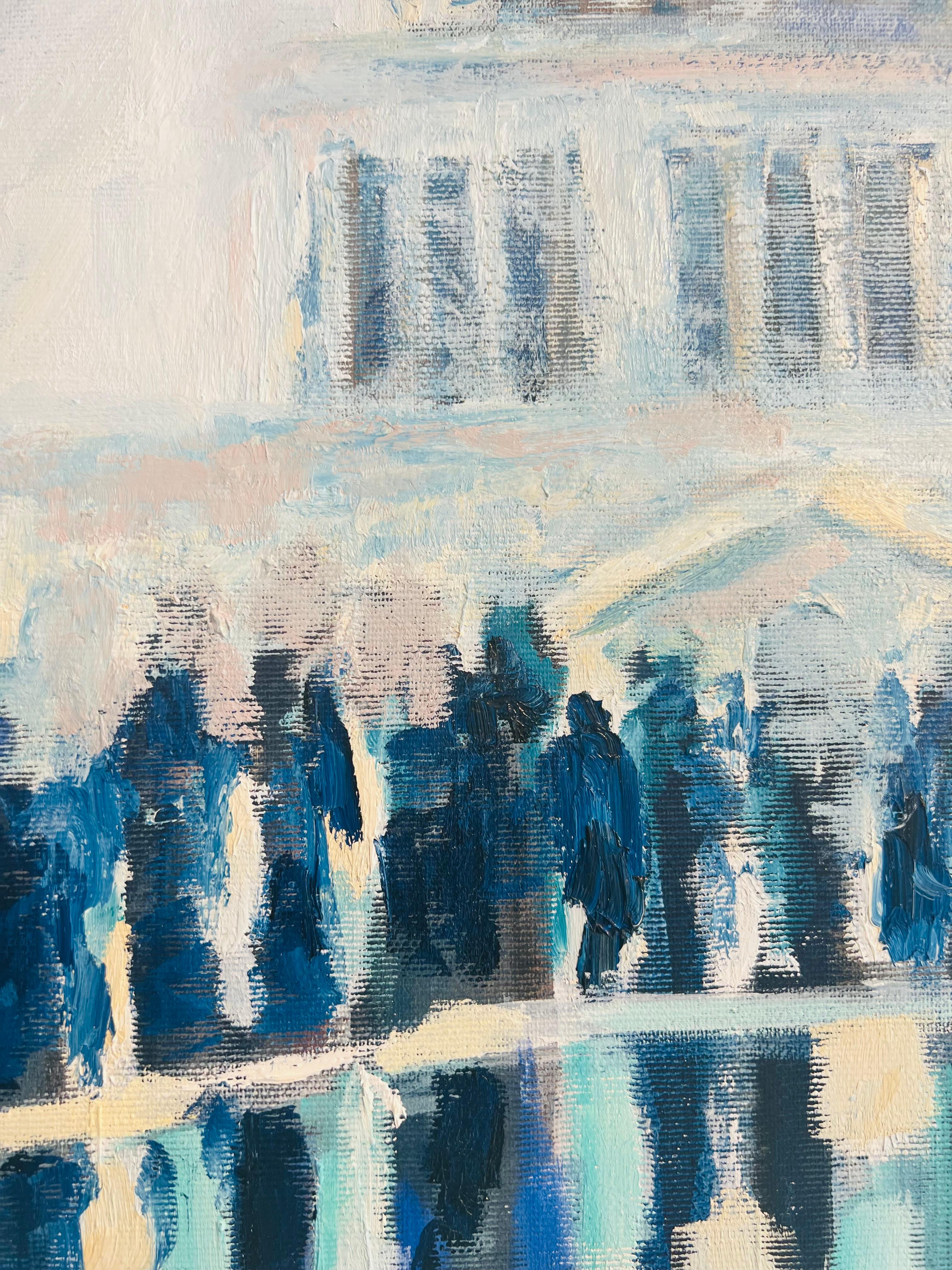 Rush Hour Reflection Millennium Bridge-original impressionism cityscape painting - Gray Landscape Painting by Richard Gower