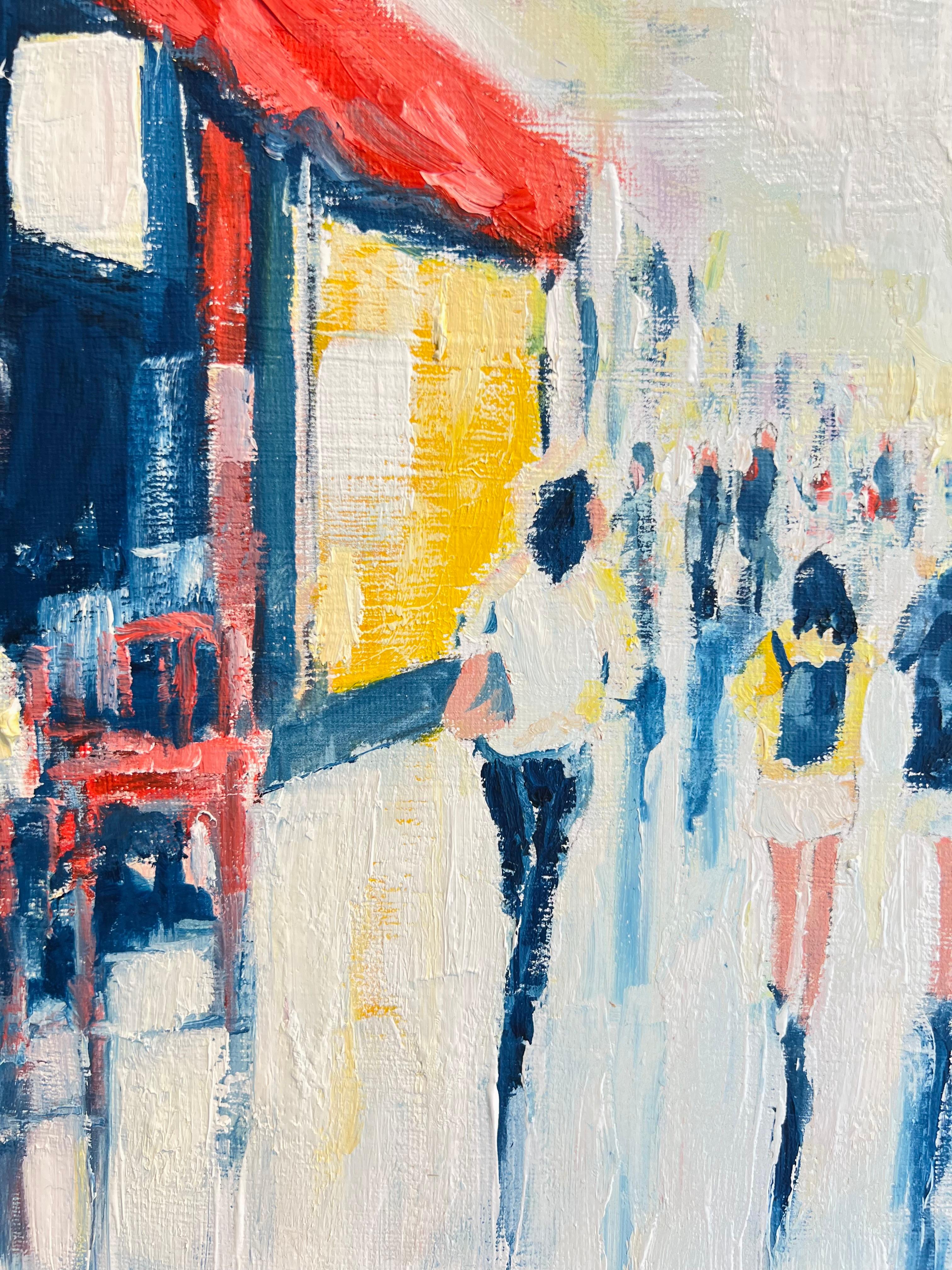 Street Life, Chelsea - impressionnisme original - peinture figurative de paysage urbain - Art - Beige Landscape Painting par Richard Gower