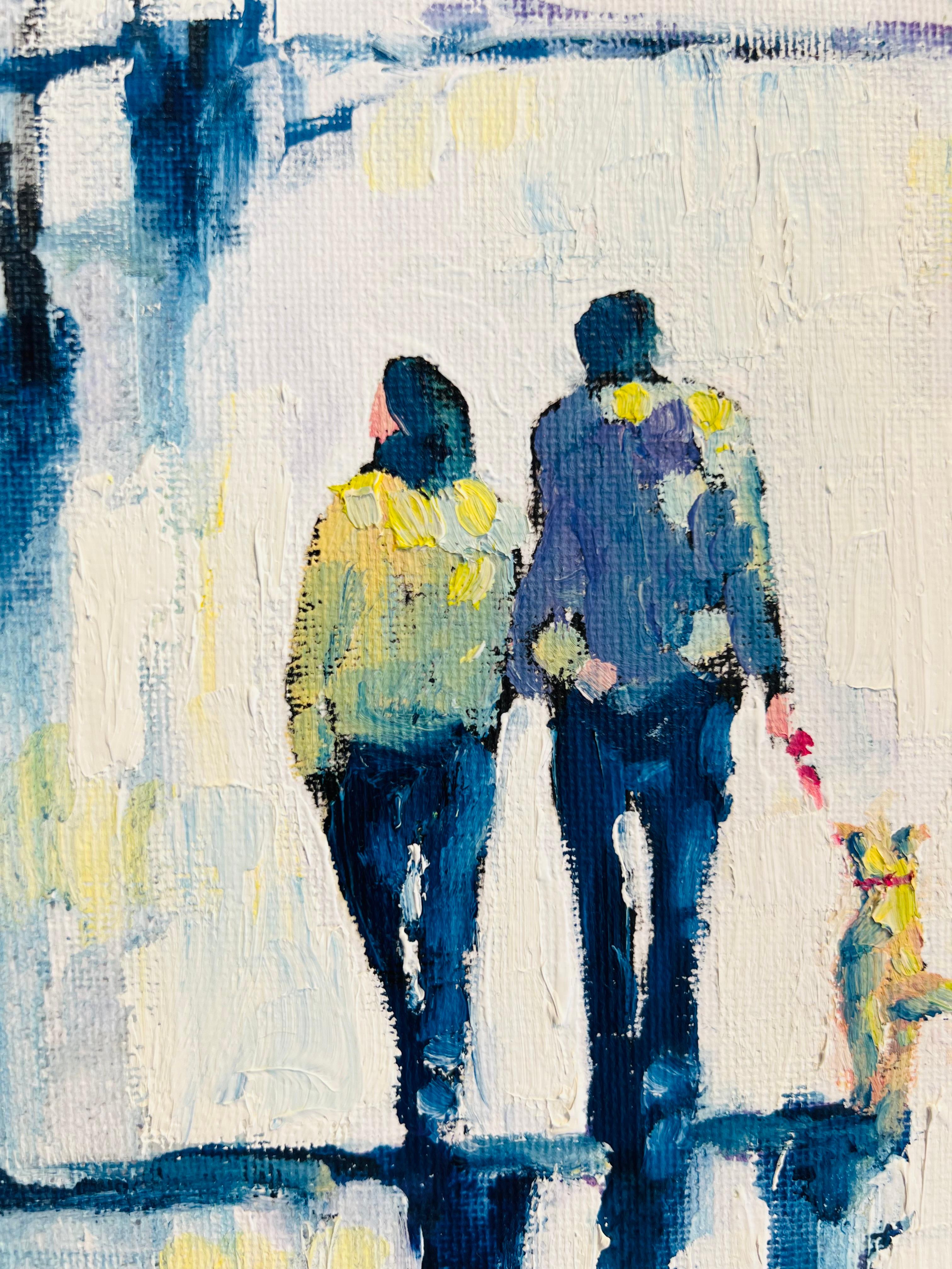 In this contemporary impressionist creation by artist Richard Gower, we find two individuals strolling their canine companion within an abstracted realm. The entire scene unfolds with bold impasto brushwork, imbuing the artwork with a dreamy and