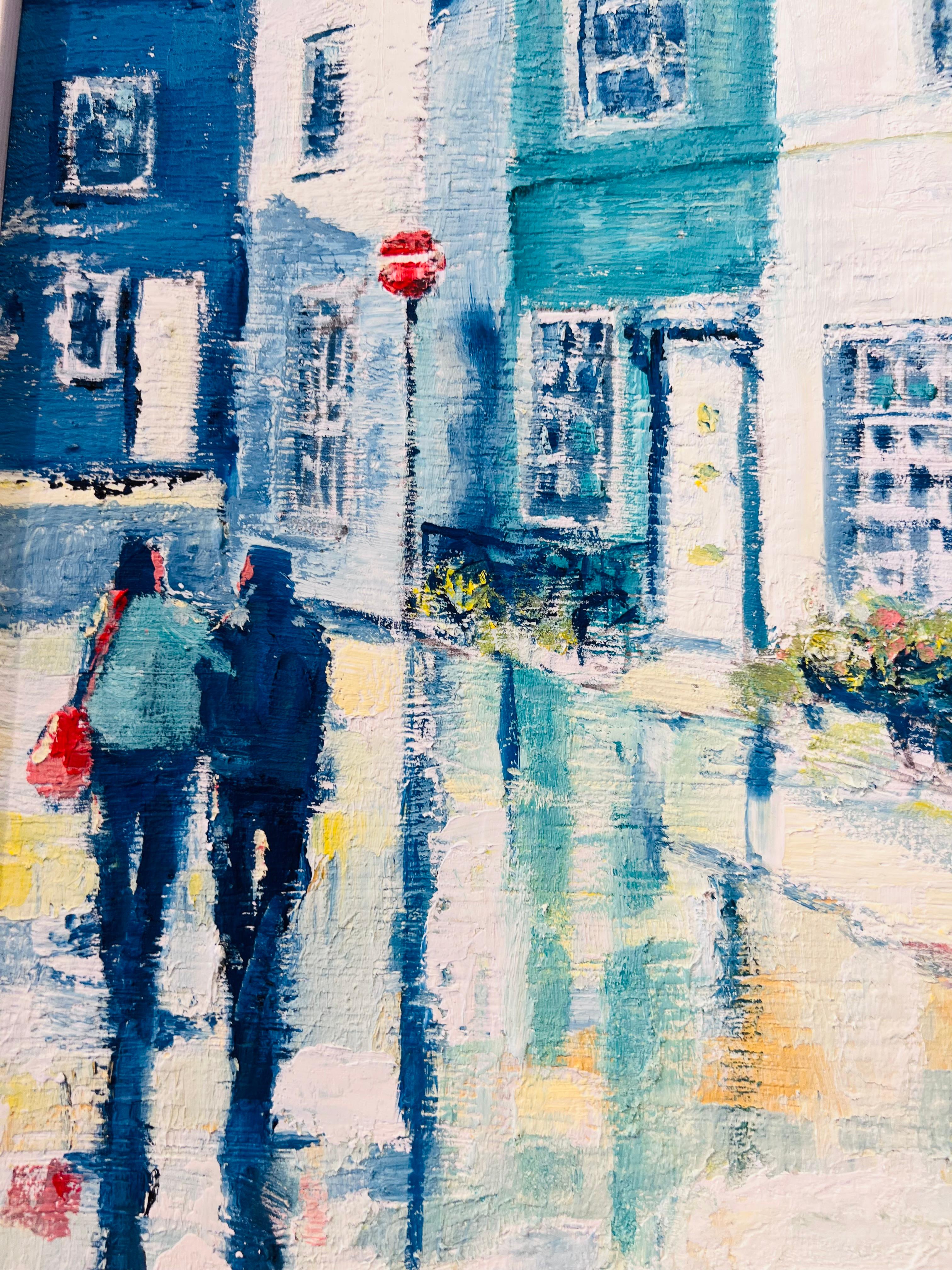 The Colours of Kensington-original impressionism cityscape Oil painting-Art - Gray Figurative Painting by Richard Gower