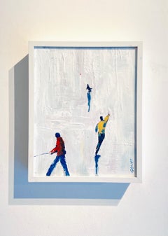 The Red Ball - peinture à l'huile impressionniste figurative originale -œuvre d'art paysage urbain