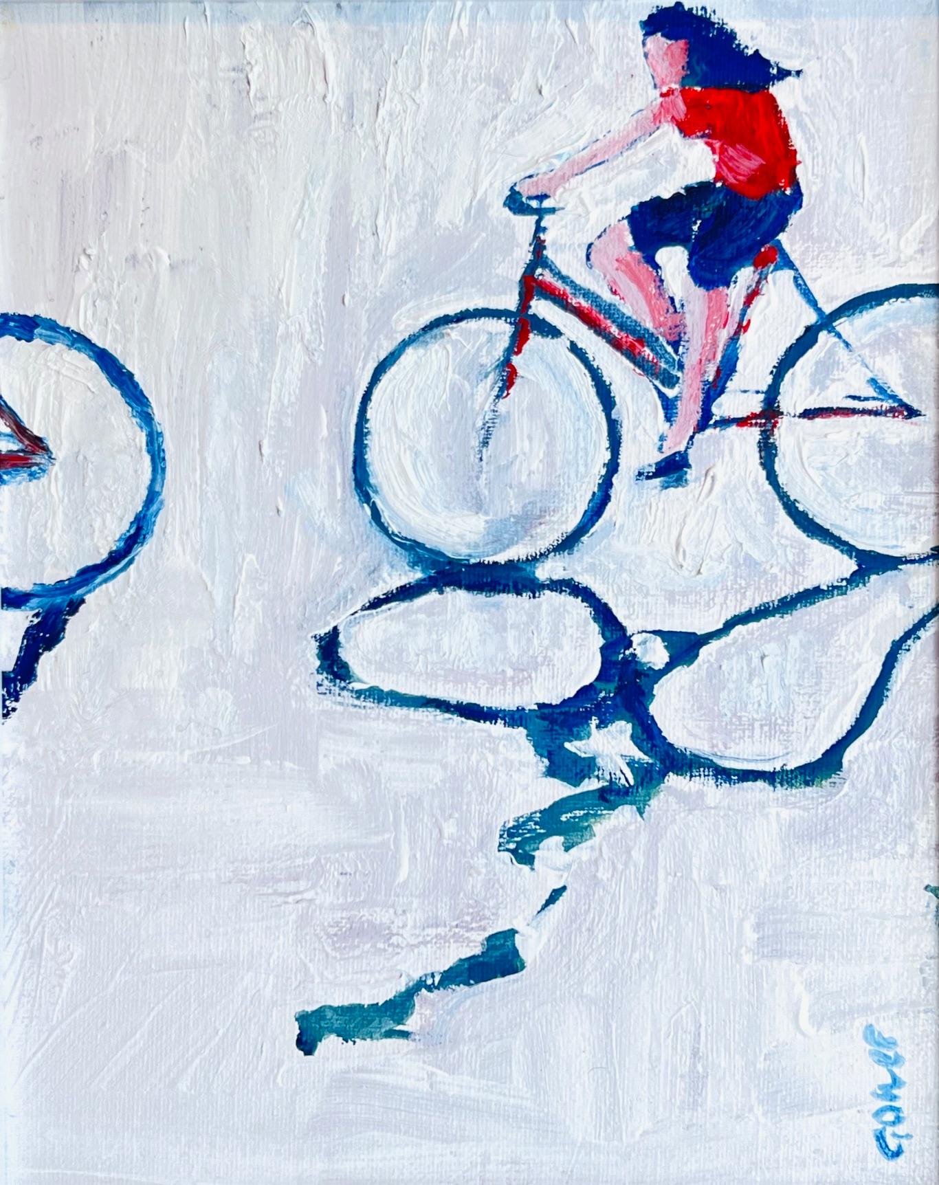 Figurative Painting Richard Gower - « Le vélo rouge » - Œuvre d'art contemporaine originale - Peinture à l'huile impressionniste