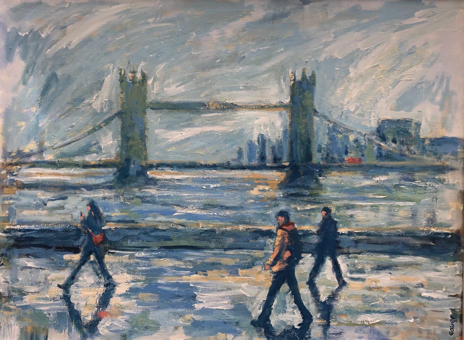 View Of Tower Bridge Passing Ships- impasto landscape oil paint work modern