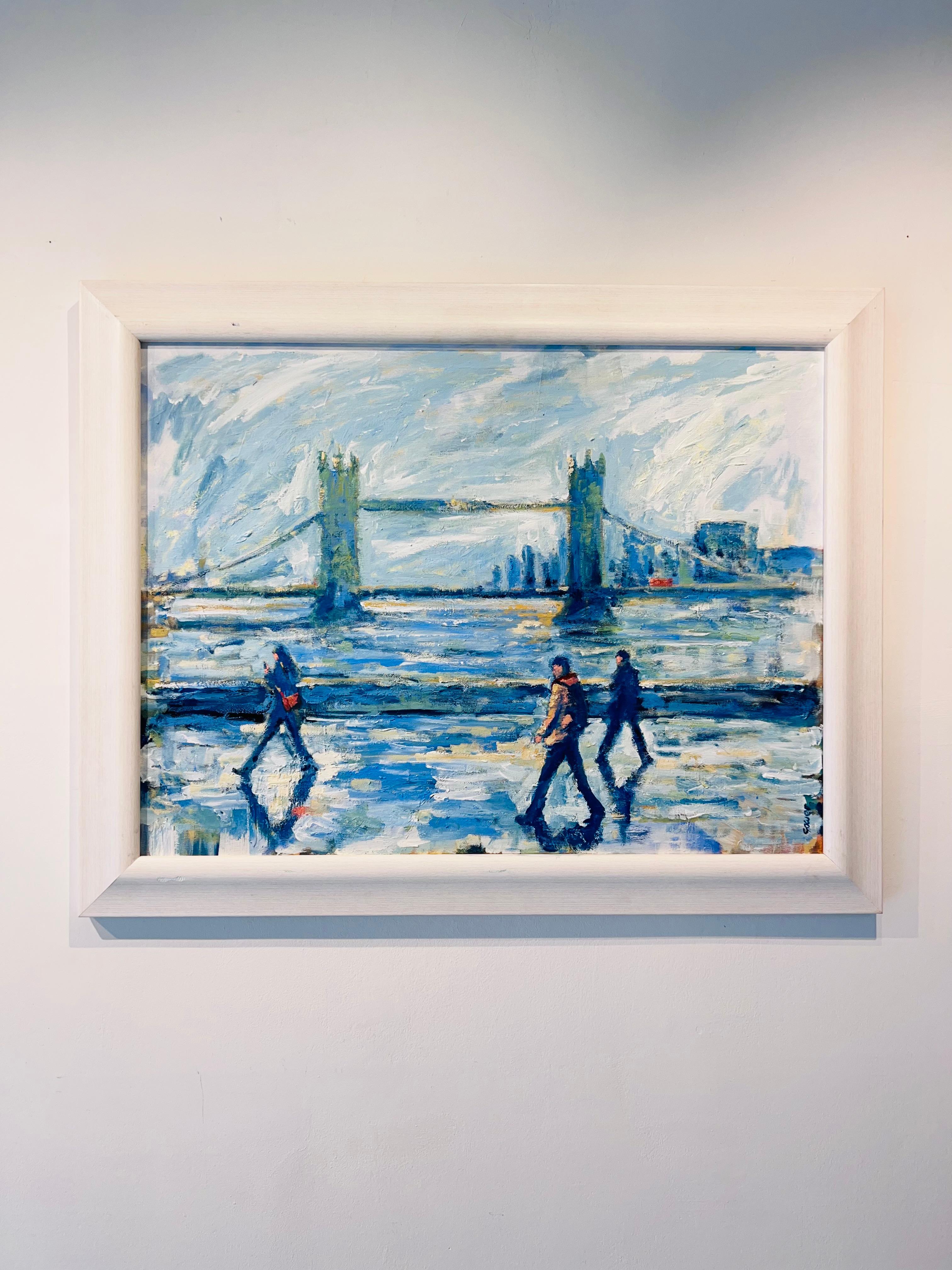 View Of Tower Bridge Passing Ships-original impressionism cityscape painting-Art - Painting by Richard Gower
