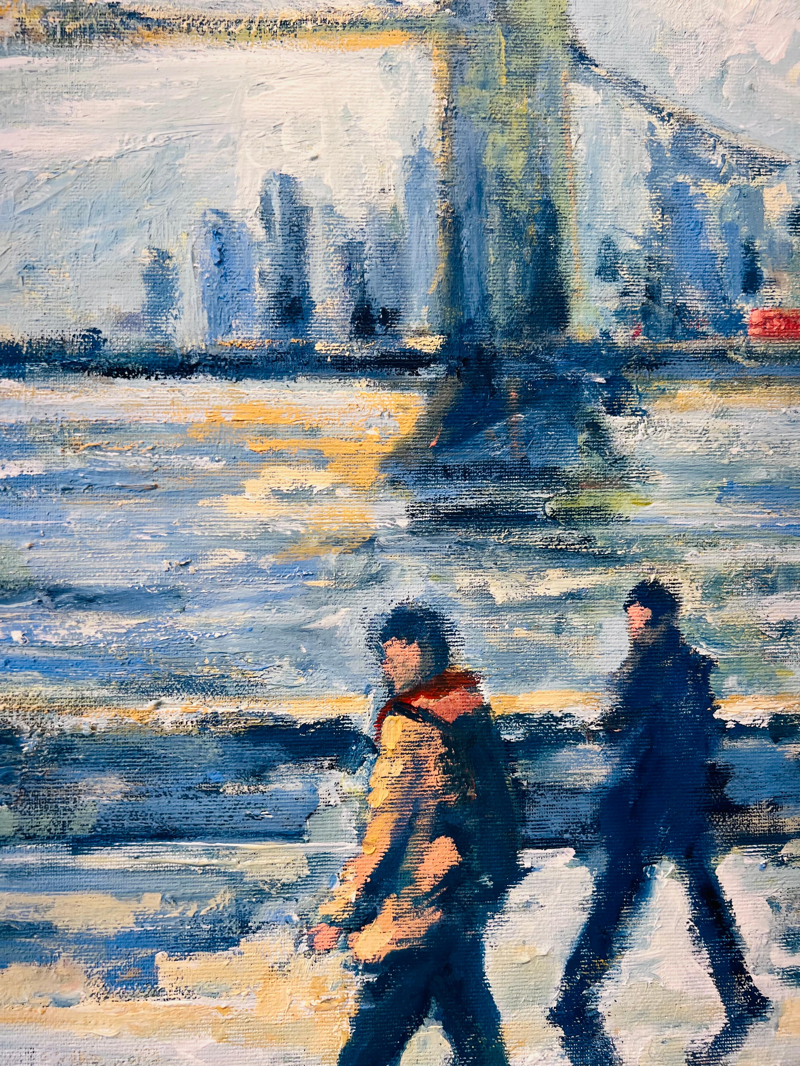 Vista del Puente de la Torre pasando barcos- pintura original impresionista de paisaje urbano-Arte - Figurative Painting Gris de Richard Gower