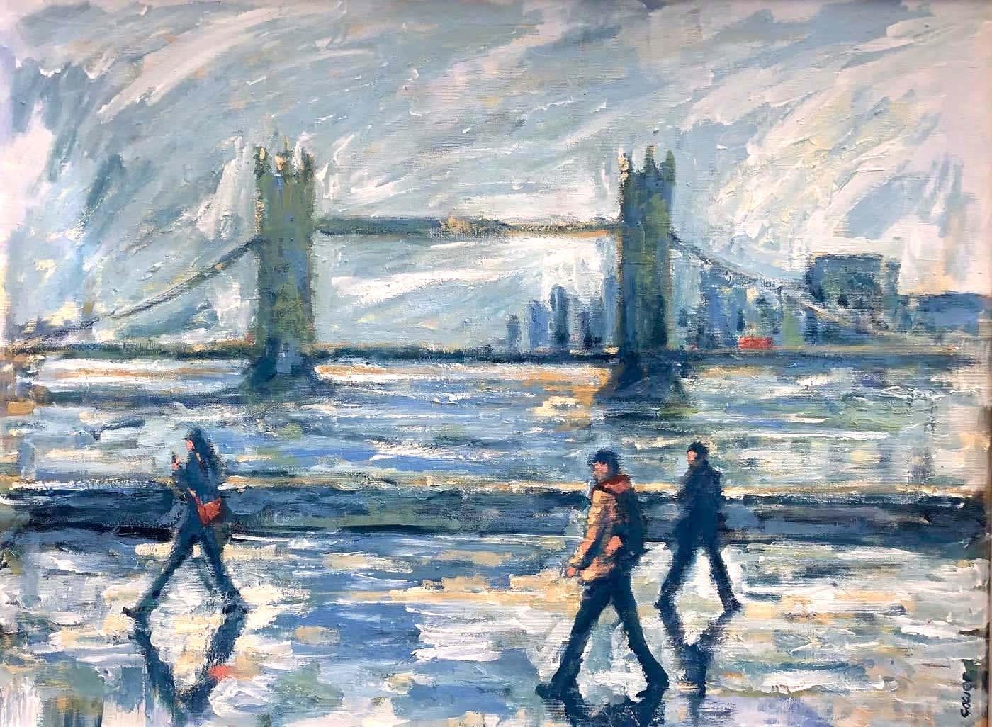 Richard Gower Figurative Painting - View Of Tower Bridge Passing Ships-original impressionism cityscape painting-Art