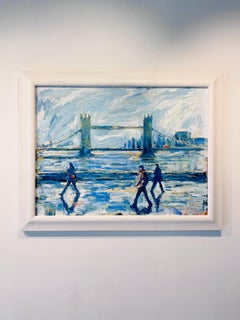 View Of Tower Bridge Passing Ships-original impressionism cityscape painting-Art