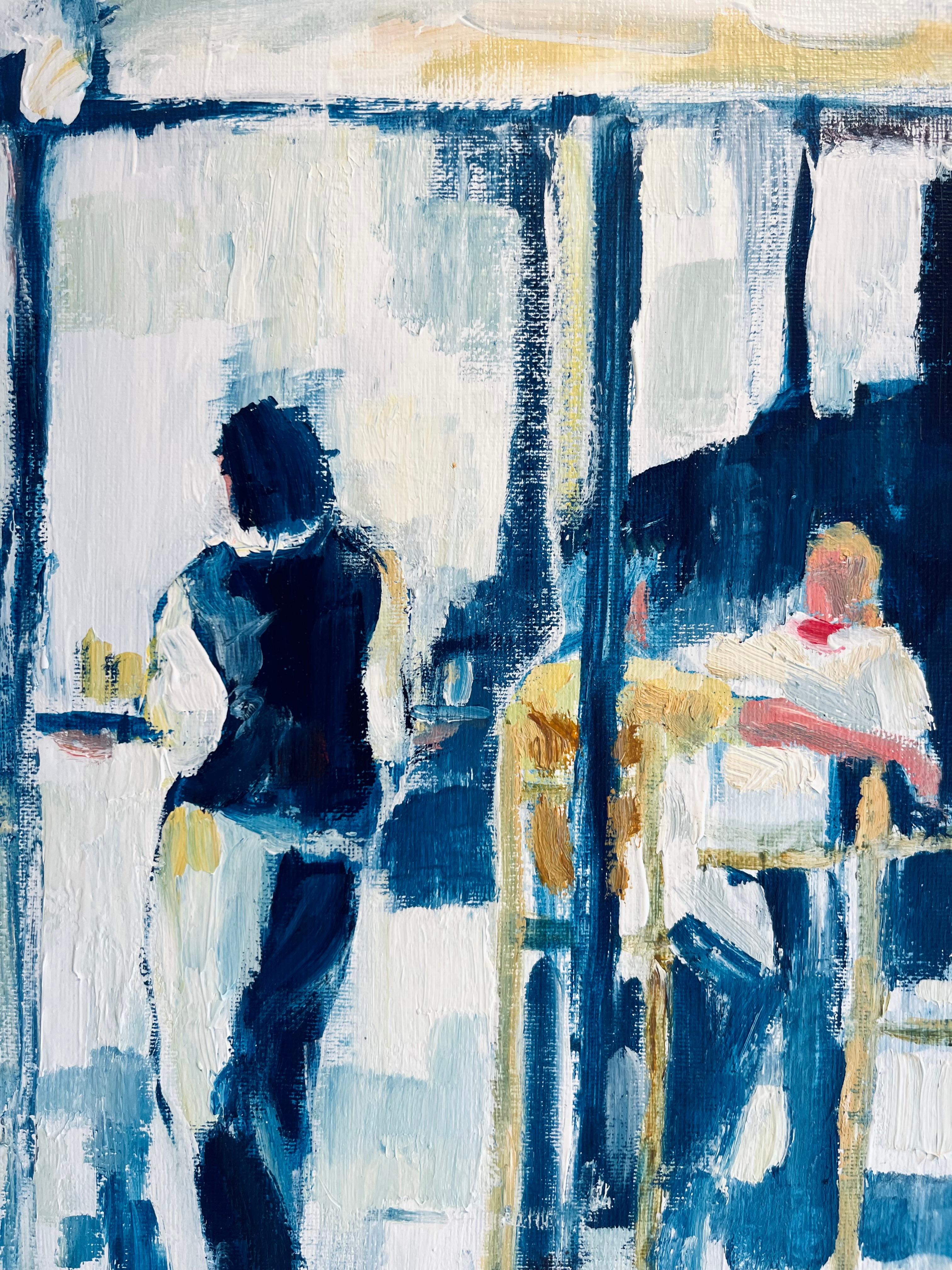 Waiter Cafe Society-Original impressionism figurative cityscape oil painting-Art - Gray Figurative Painting by Richard Gower