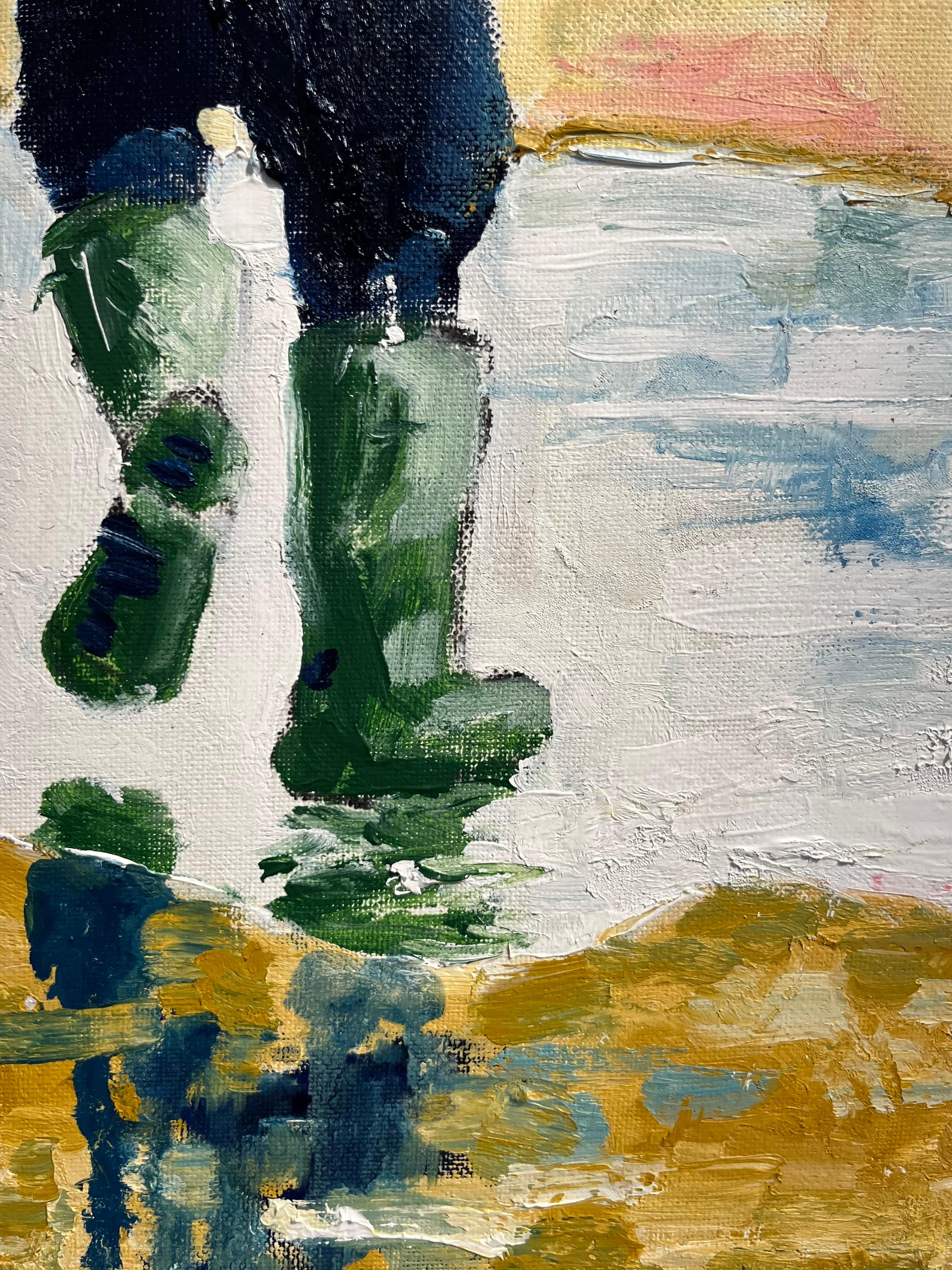 Wellies I- zeitgenössische Landschaftsmalerei - Original figuratives Ölgemälde (Beige), Figurative Painting, von Richard Gower