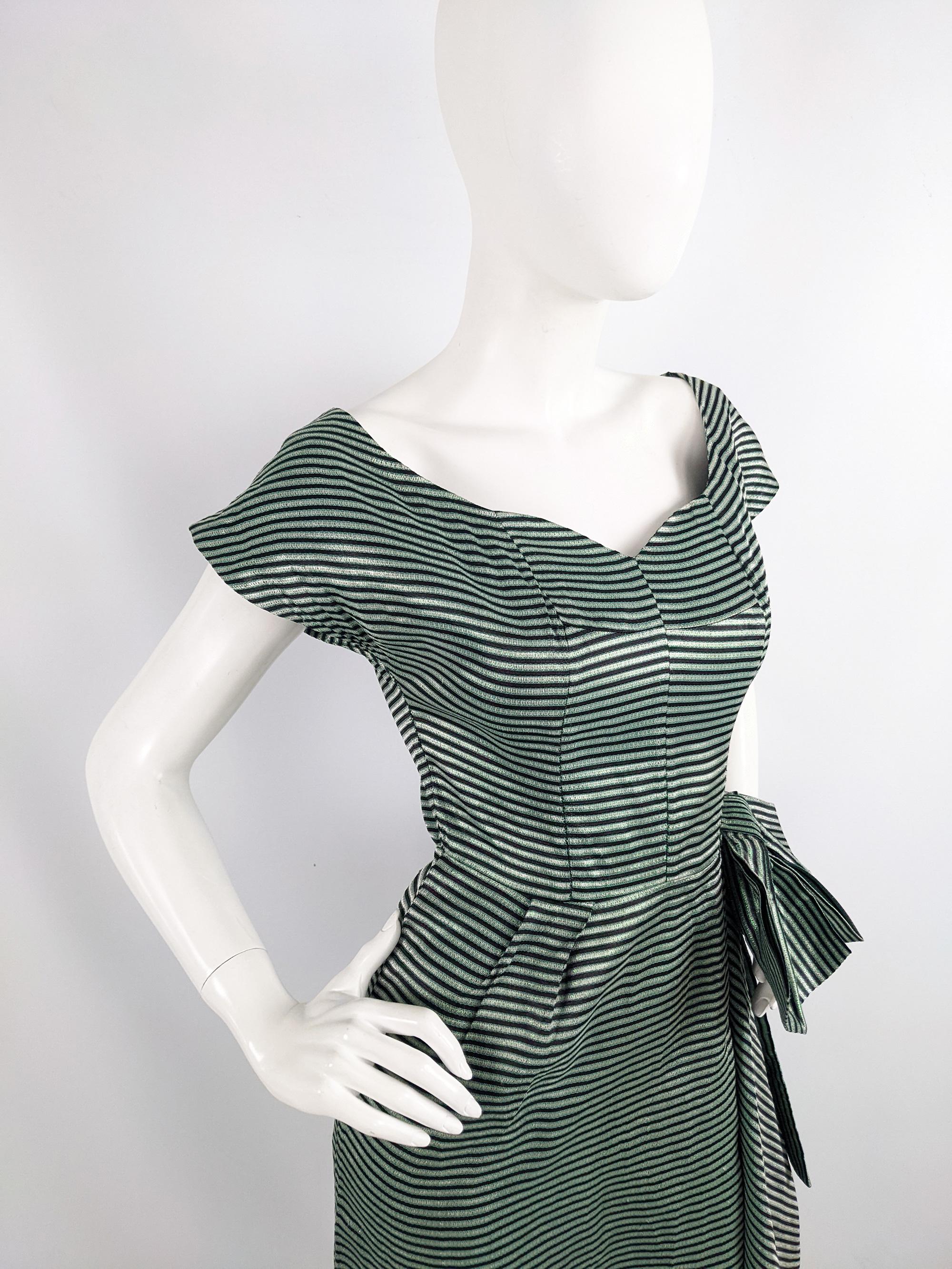 Black Richard Grossmark Vintage 1950s Metallic Green Lamé Bow 50s Evening Party Dress For Sale