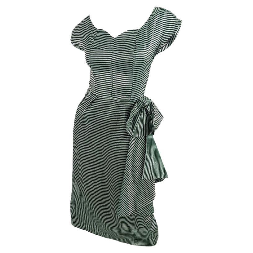 Richard Grossmark Vintage 1950s Metallic Green Lamé Bow 50s Evening Party Dress