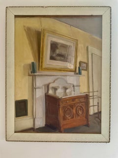 Antico dipinto ad olio di interni di stanze dell'artista americano Richard H. Bassett, quotato in borsa.
