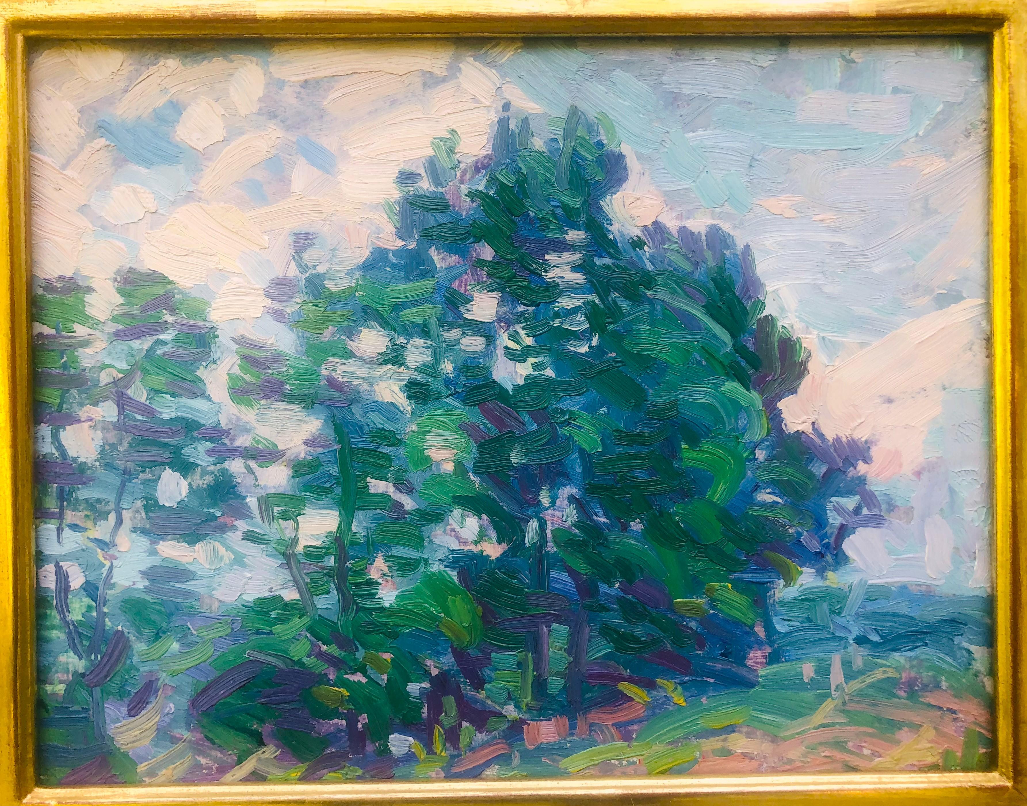 Huile impressionniste ancienne à deux faces sur carton par A Richard Bassett - Marron Landscape Painting par richard h bassett