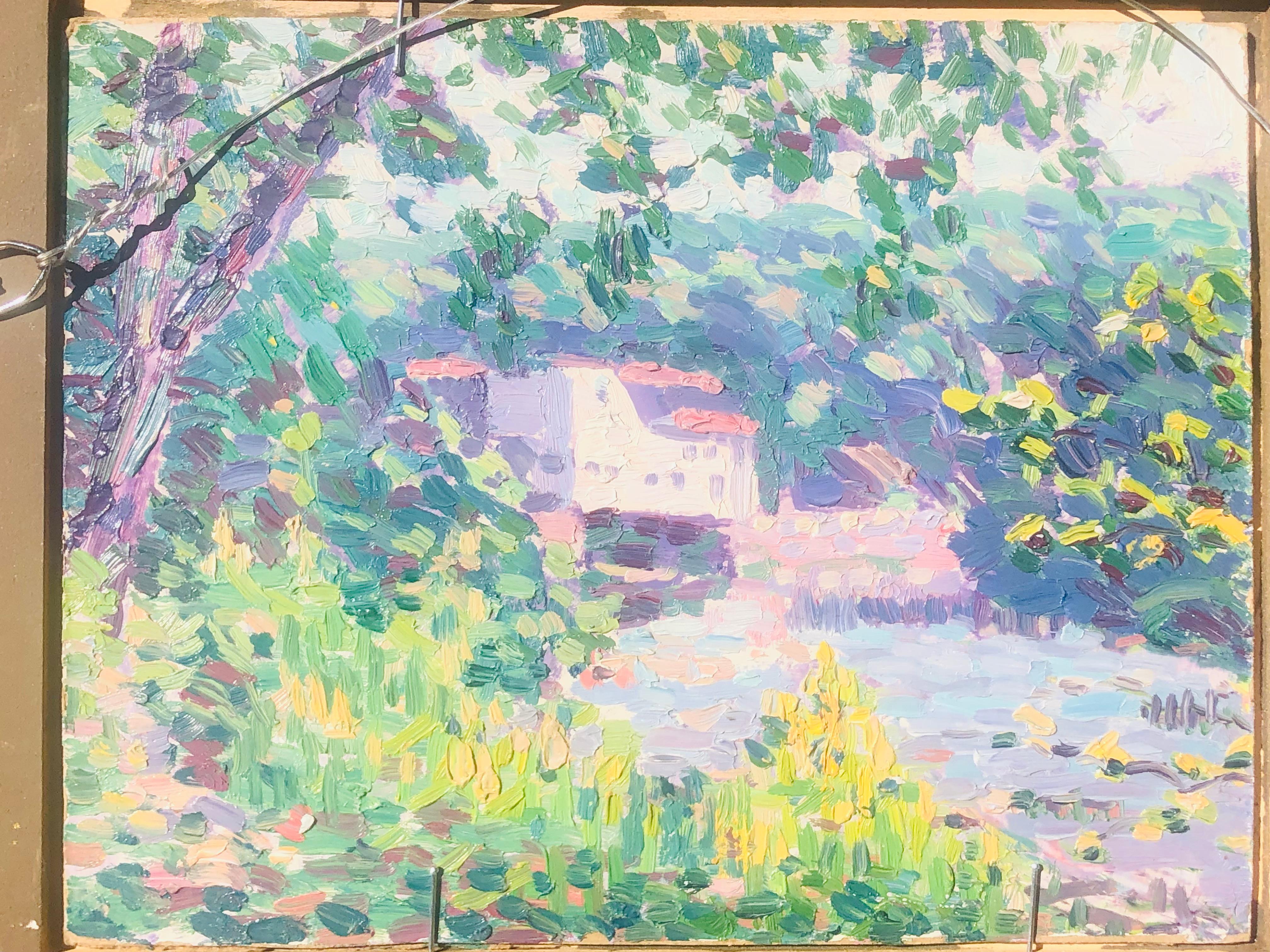 Exquise peinture à l'huile sur panneau brillamment colorée de Richard Horace Bassett (1900-1995). Cette représentation impressionniste d'un paysage a probablement été exécutée vers 1930, ou plus tôt, lorsque Bassett était étudiant et peintre et