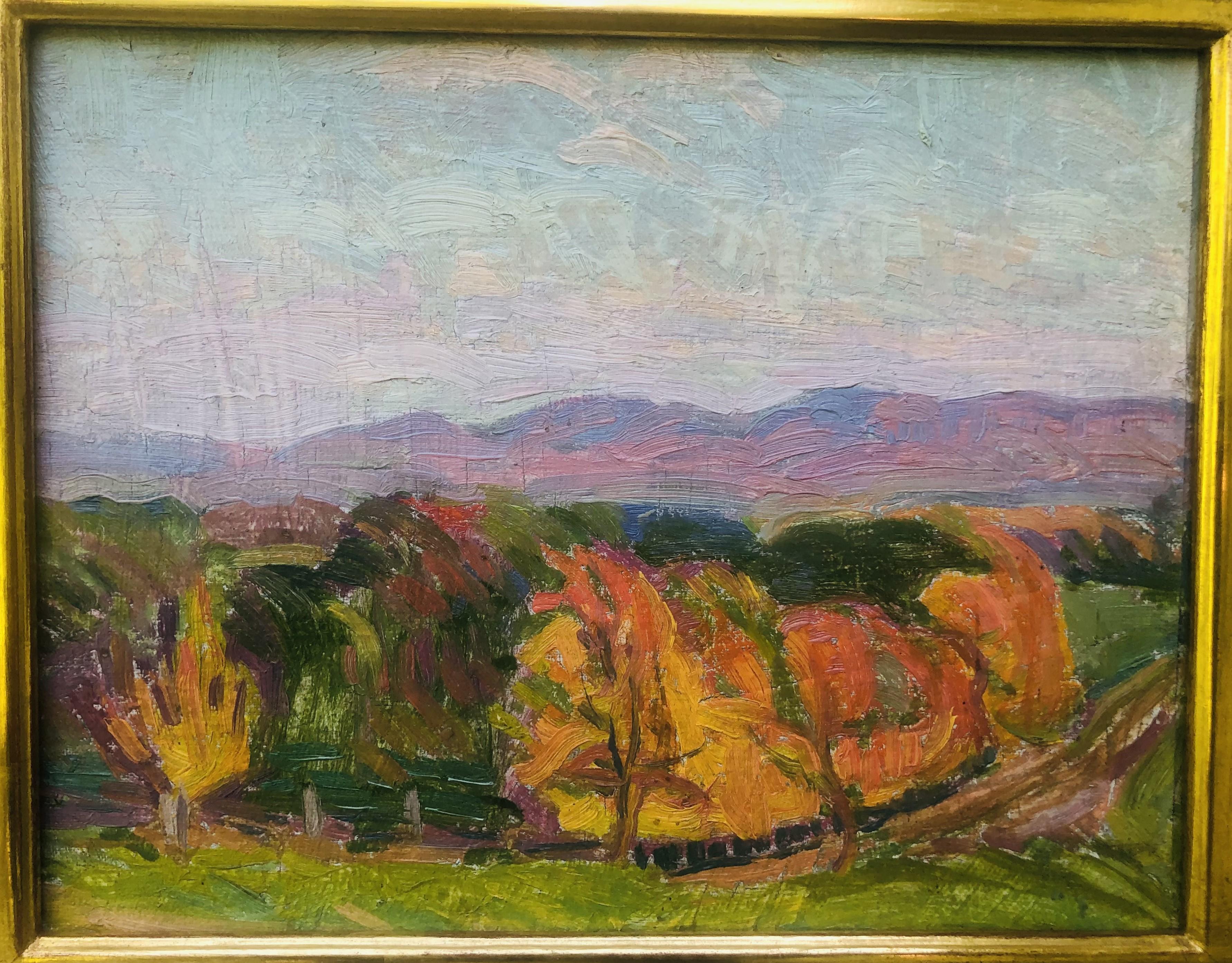 Fauvistisches Ölgemälde auf Karton ca. 1930 von Richard H Bassett (Braun), Landscape Painting, von richard h bassett