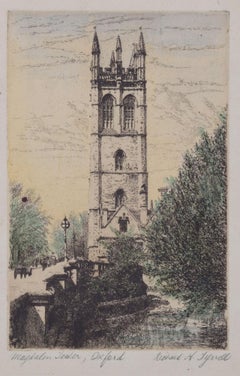 Magdalen College, Oxford Tower etching by Richard H Tyrell