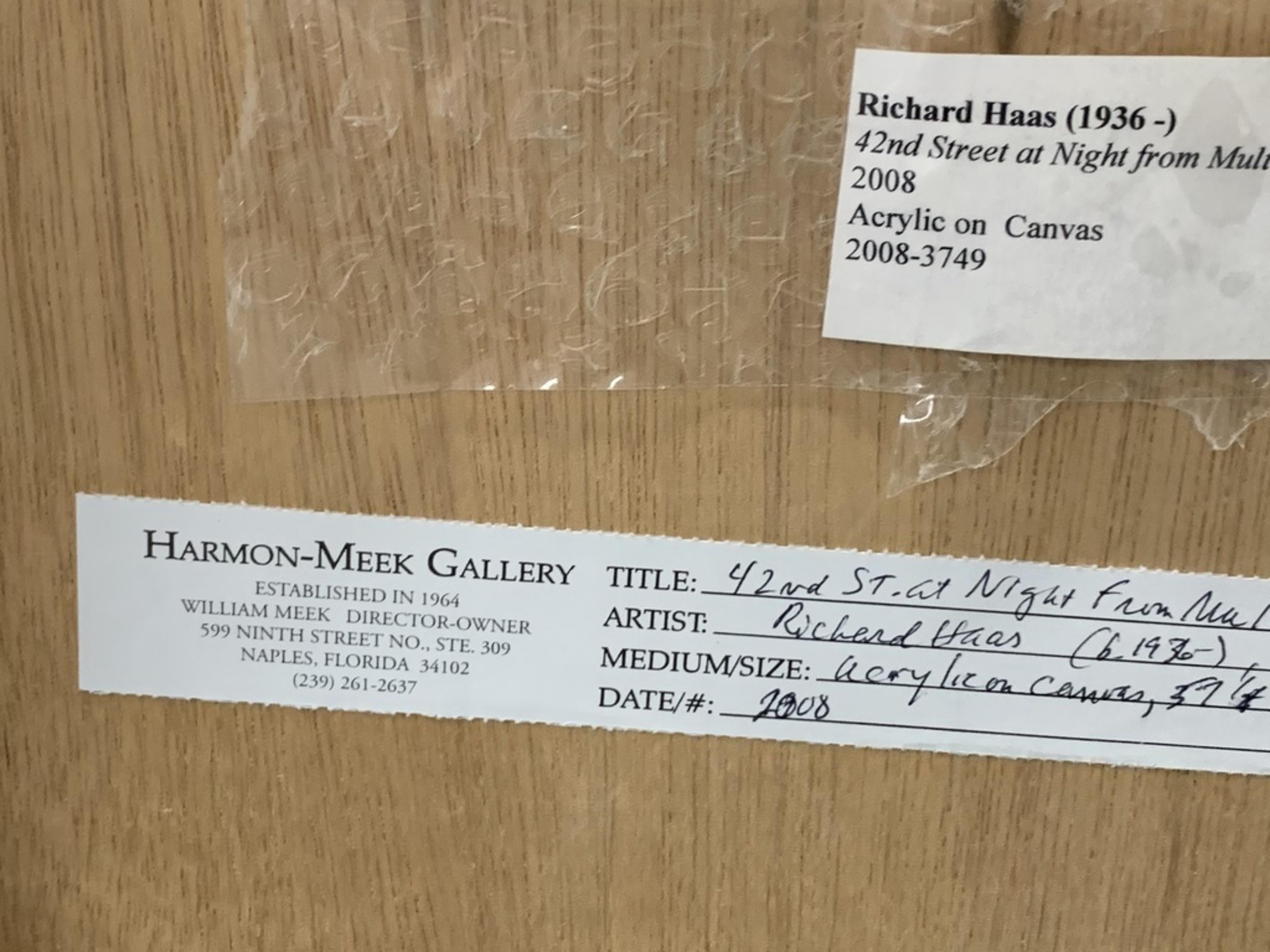 Richard Haas
42nd Street at Night from the Multiplex Cinema Roof, 2008
Acrylic on canvas laid to board
Hand signed and dated 2008 on the front
Frame included: elegantly framed in artist's handmade frame
We will furnish the winning purchaser with a